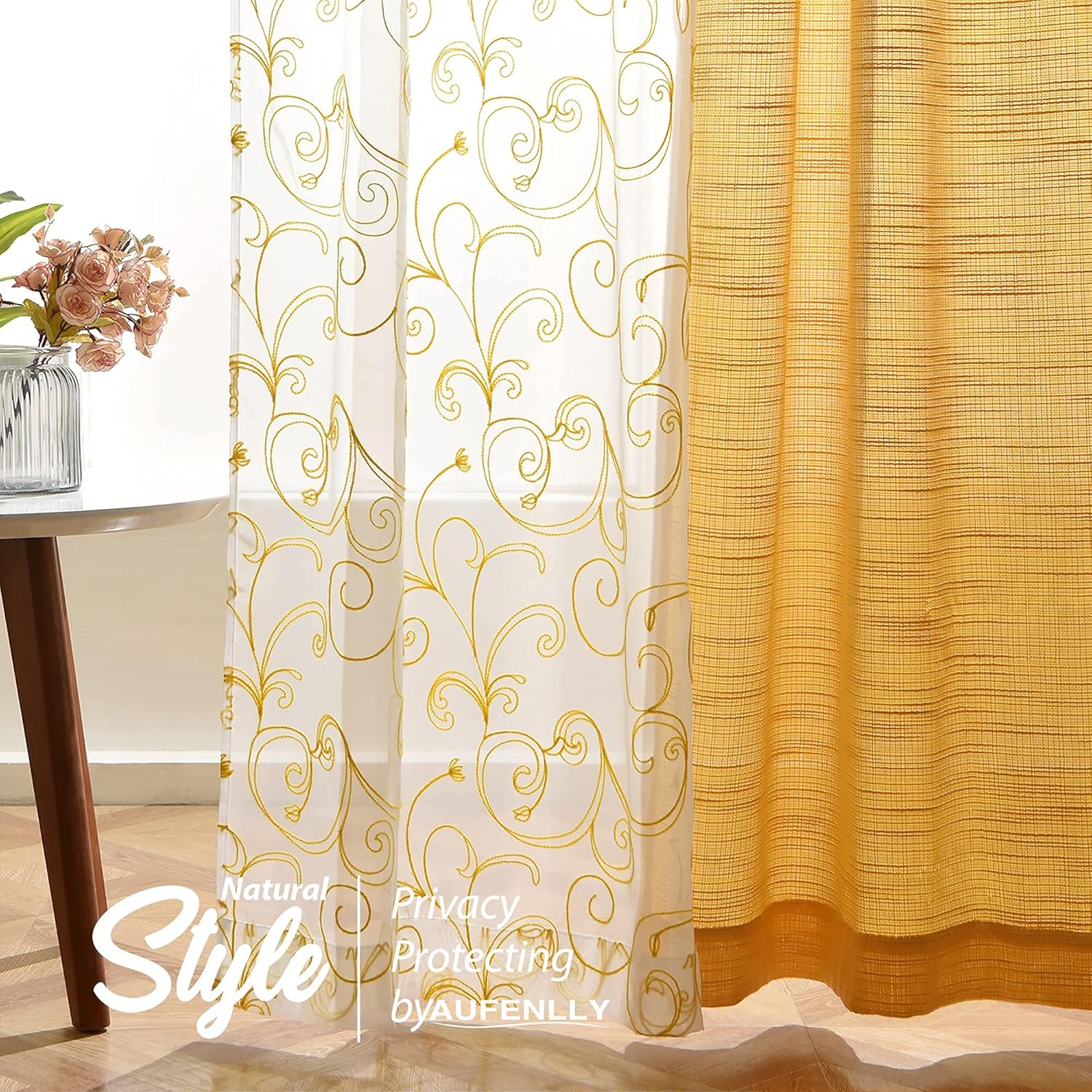 AUFENLLY – 2 cortinas semitraslúcidas con bordado de flores y 2 cortinas de arpillera para privacidad juego de 4 paneles amarillos para sala de