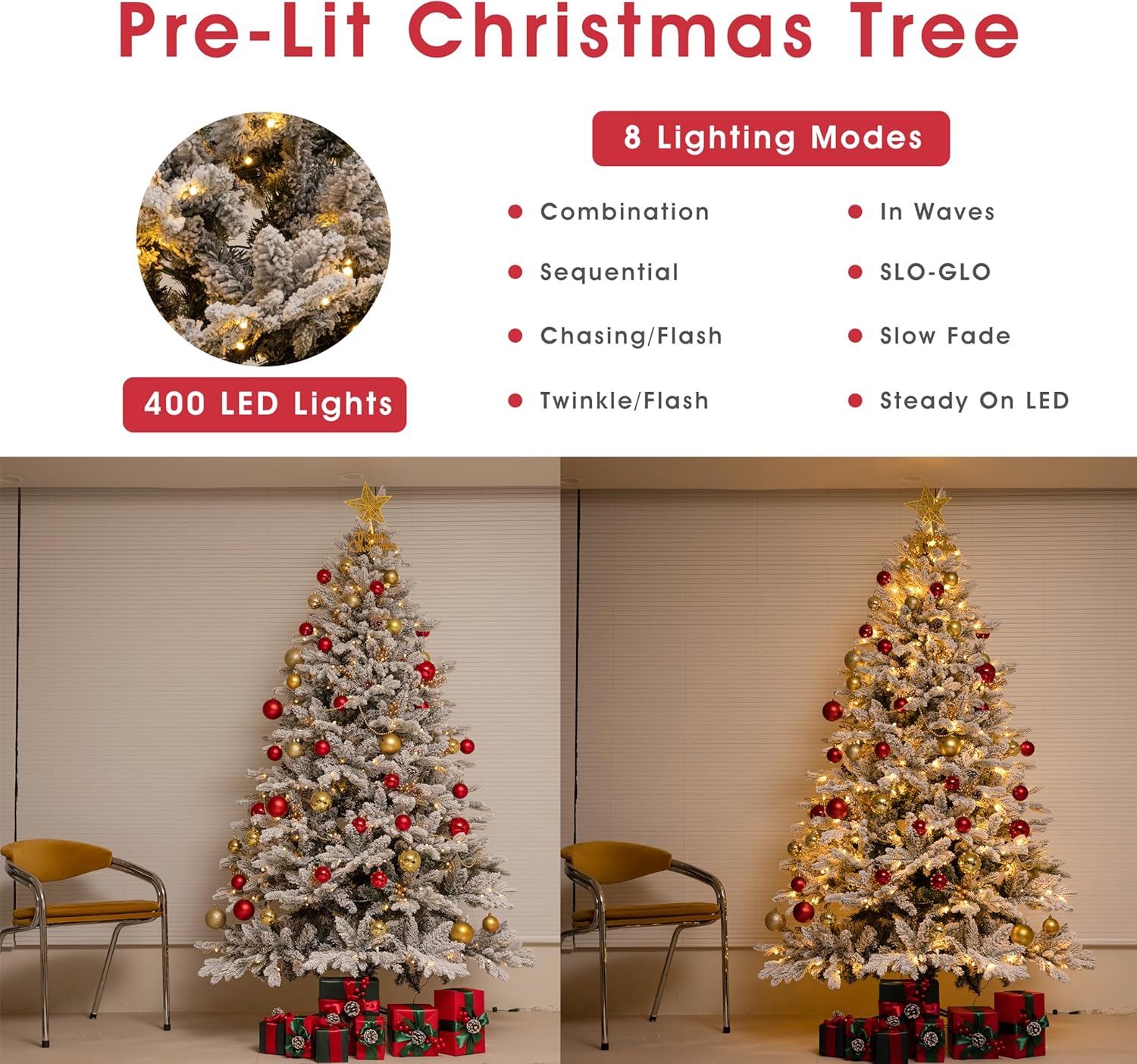 Árbol de Navidad flocado preiluminado de 7 pies con luces blancas cálidas, árbol de Navidad lleno de nieve con 1326 puntas de rama, 400 luces