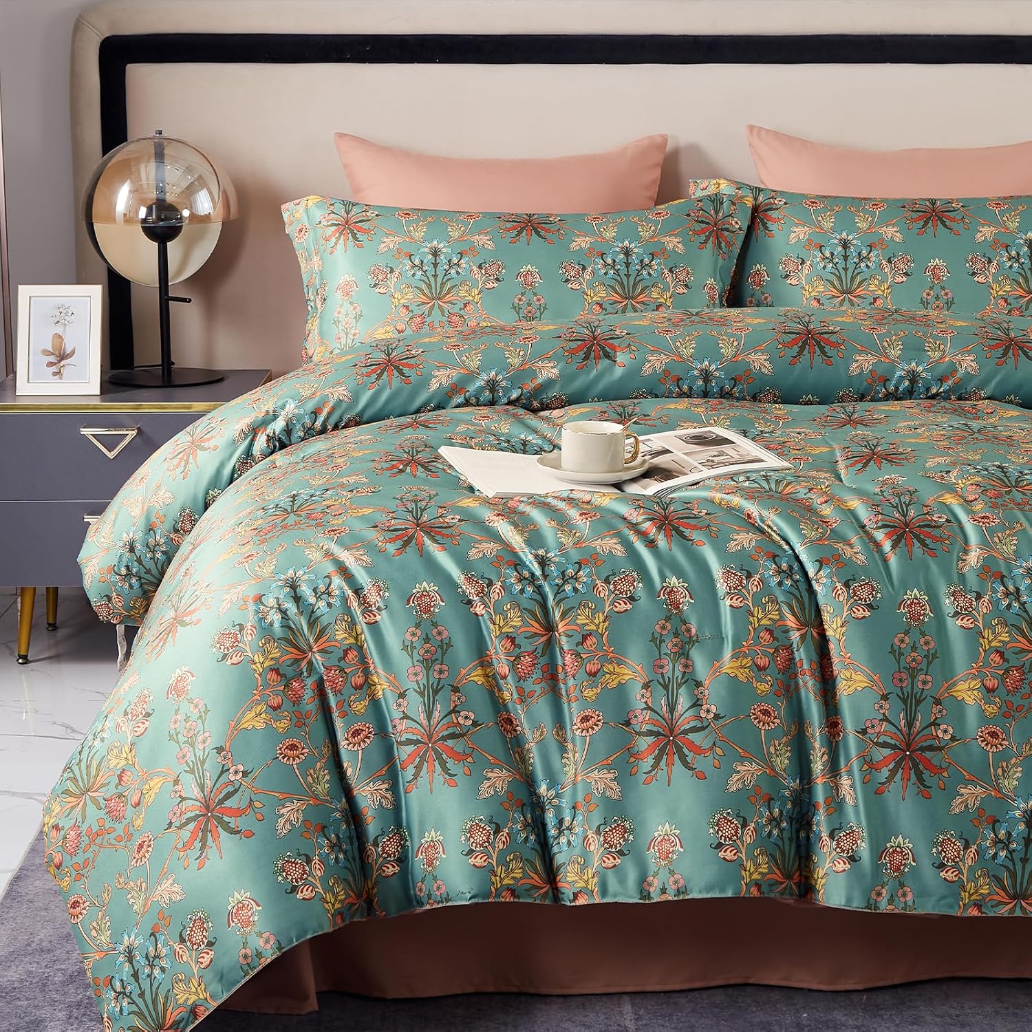 Cupocupa Juego de edredón queen edredón de 7 piezas para cama tamaño queen edredón ultrasuave y ligero queen juego de cama floral para todas las