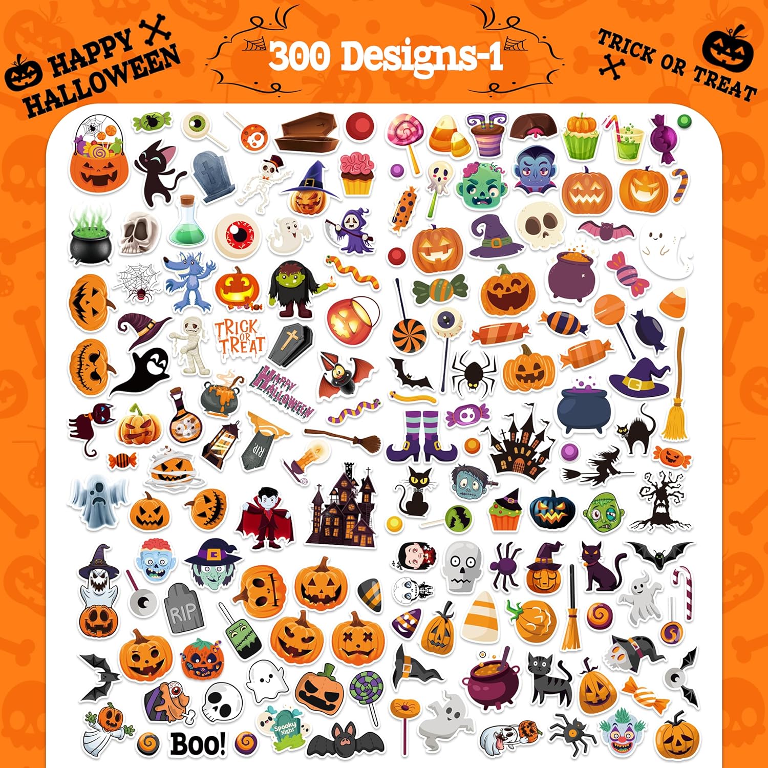 LINAYE 300 calcomanías de Halloween que no se repiten, impermeables, de vinilo adhesivo, paquete de calcomanías de Halloween para niños, regalos de