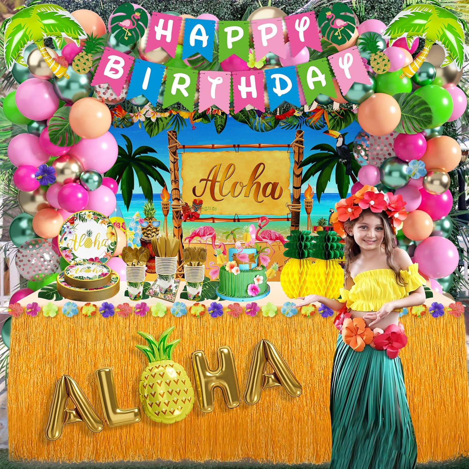 Luau – Decoraciones para fiesta de cumpleaños, 323 piezas, suministros de fiesta hawaiana tropical Aloha para verano, playa, vacaciones, juego de