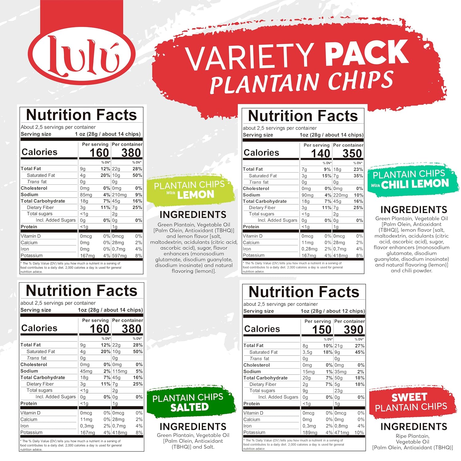 Lulu Caja variada de papas fritas de plátano, 30 bolsas surtidas, 12 limón, 10 saladas, 4 chiles, 4 dulces, veganas, 2.5 onzas, siempre crujientes