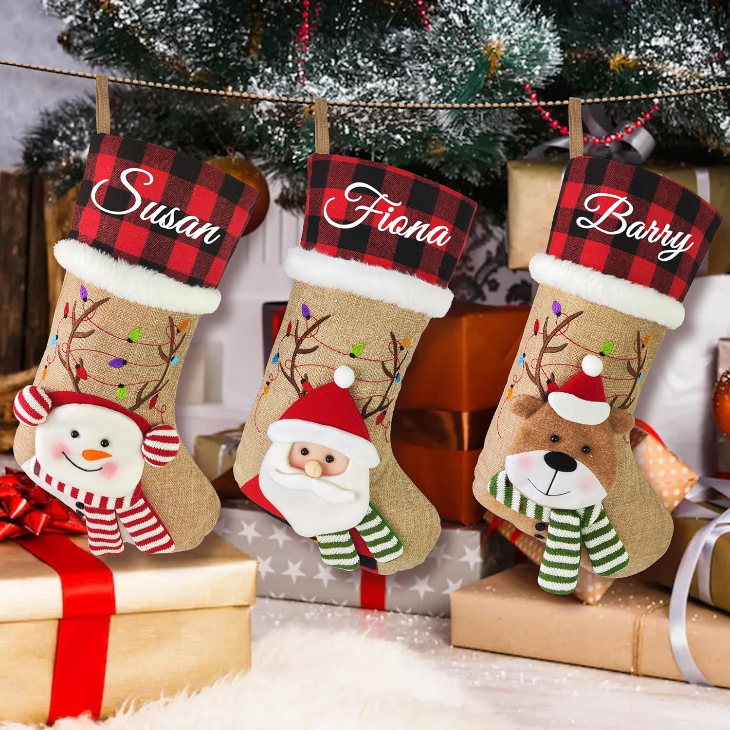 Medias de Navidad familiares personalizadas, medias de Navidad personalizadas con nombre, arpillera a cuadros de Navidad 3D muñeco de