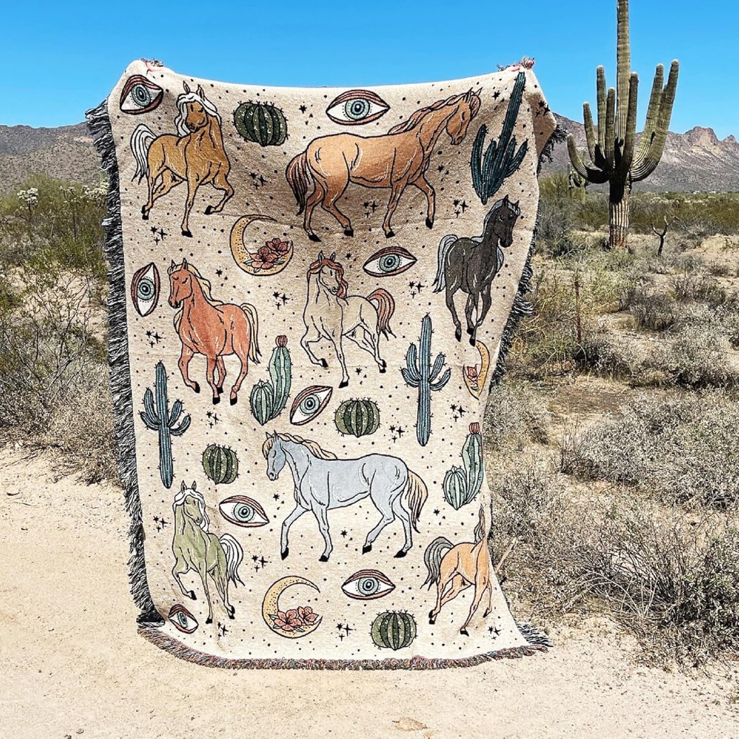 SANDOO Mantas del oeste, manta bohemia tejida con patrón de caballo, 51 x 71 pulgadas, manta bohemia con borla, manta azteca occidental, mantas del