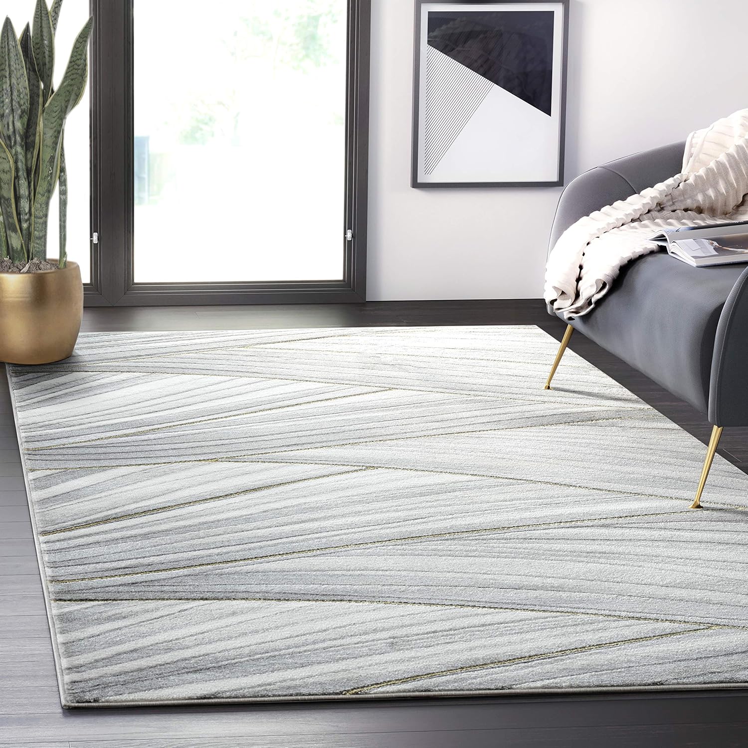 Abani Alfombra de área de líneas onduladas gris y dorado, diseño contemporáneo de ondas, moderno, abstracto, debajo de la mesa, 5 pies 3 pulgadas x