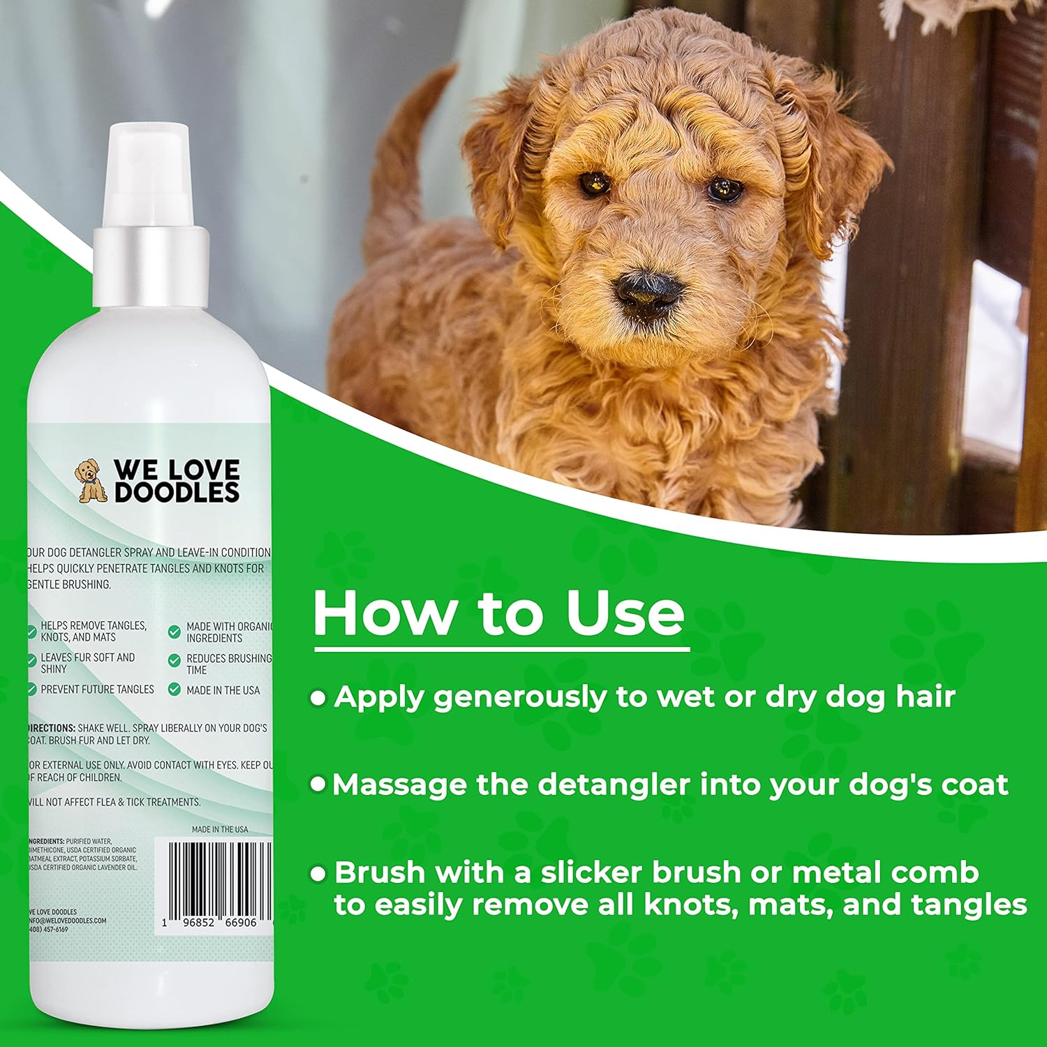 We Love Doodles Juego combinado de champú y desenredante en aerosol 4 en 1 para perros, fabricado en Estados Unidos, ingredientes orgánicos, kit de