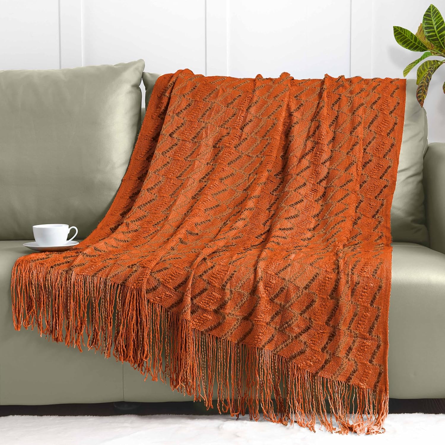 Homiest Manta decorativa de punto con flecos, manta ligera de punto acrílico, manta tejida con textura ondulada, manta suave y acogedora con borlas