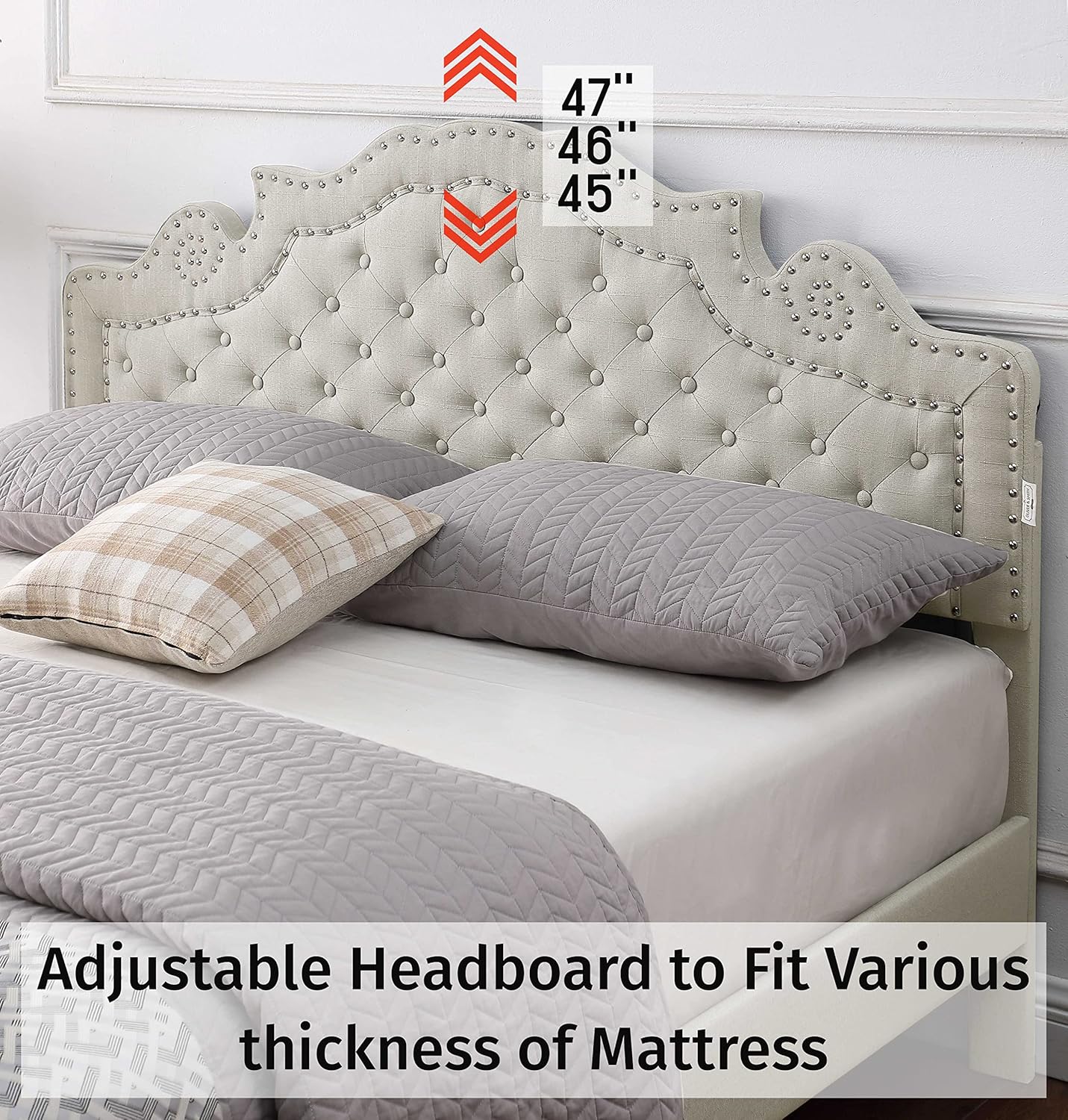Base de cama de plataforma tapizada tamaño Queen con cabecero ajustable de 47 pulgadas de alto, cama de lino copetuda con botones, soporte de
