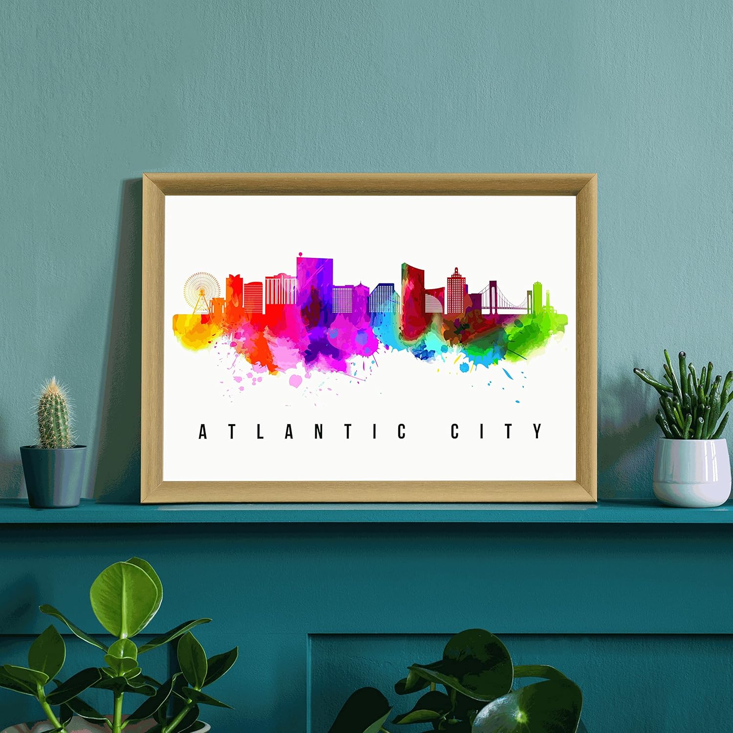 Póster de Atlantic City Skyline New Jersey, pintura de paisaje urbano de Atlantic City, póster de Atlantic City New Jersey, impresión de paisaje