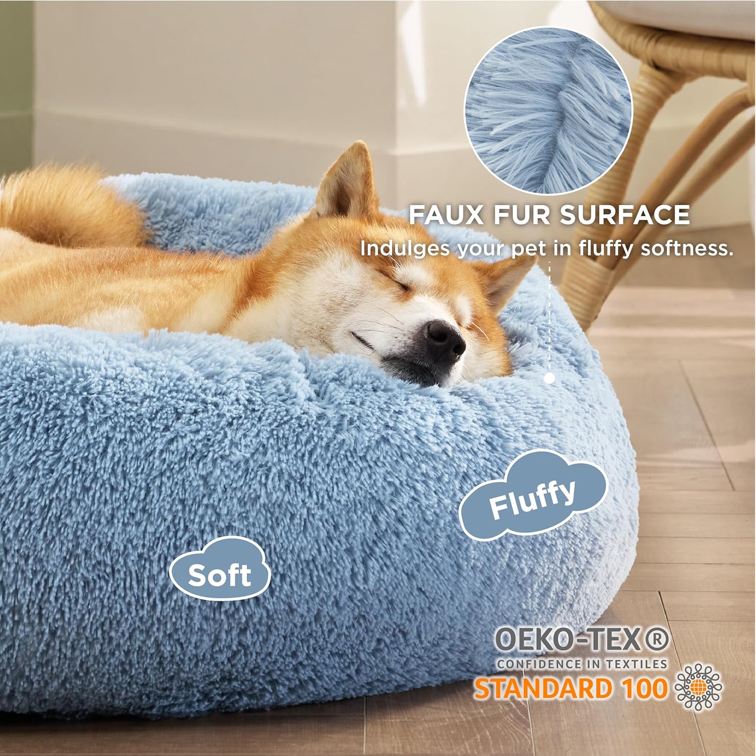 Bedsure Cama calmante para perros medianos  Cama mediana lavable en forma de dona, antideslizante, redonda y esponjosa de pelo sintético, se adapta