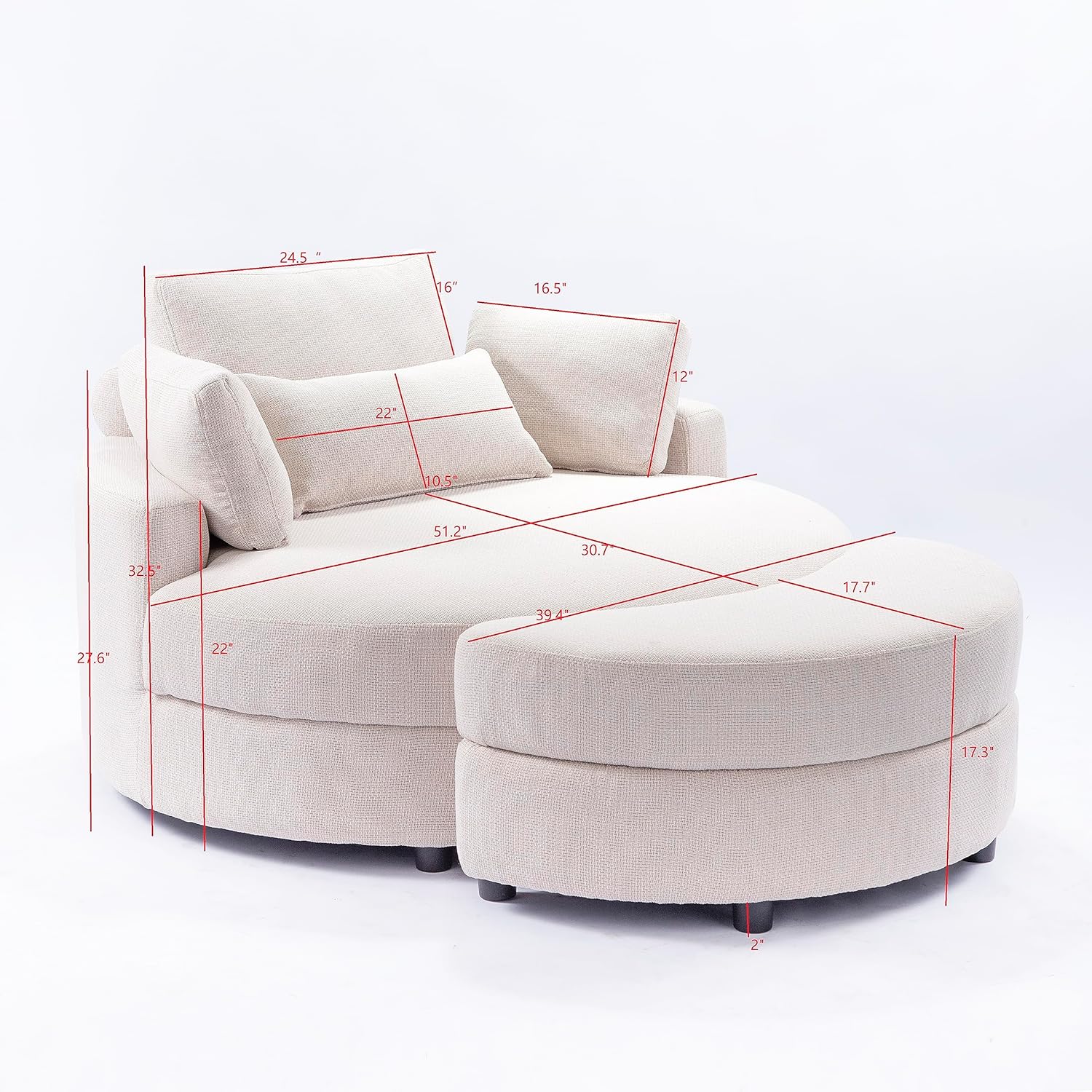 YUNLife&Home Silla de barril de acento de gran tamaño con otomana de almacenamiento + 4 almohadas, moderno y cómodo sofá reclinable tapizado para