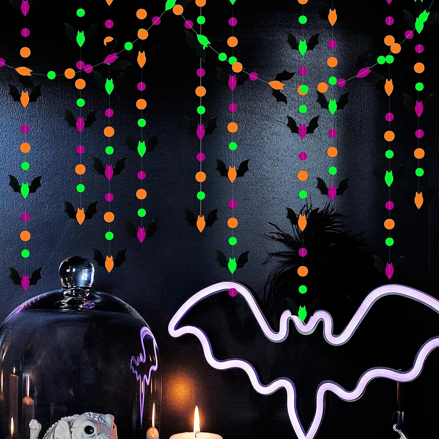 Guirnalda de murciélagos de Halloween de 65 pies, color naranja, morado, negro, verde, neón, banderines, banderines, serpentinas, círculos de luz