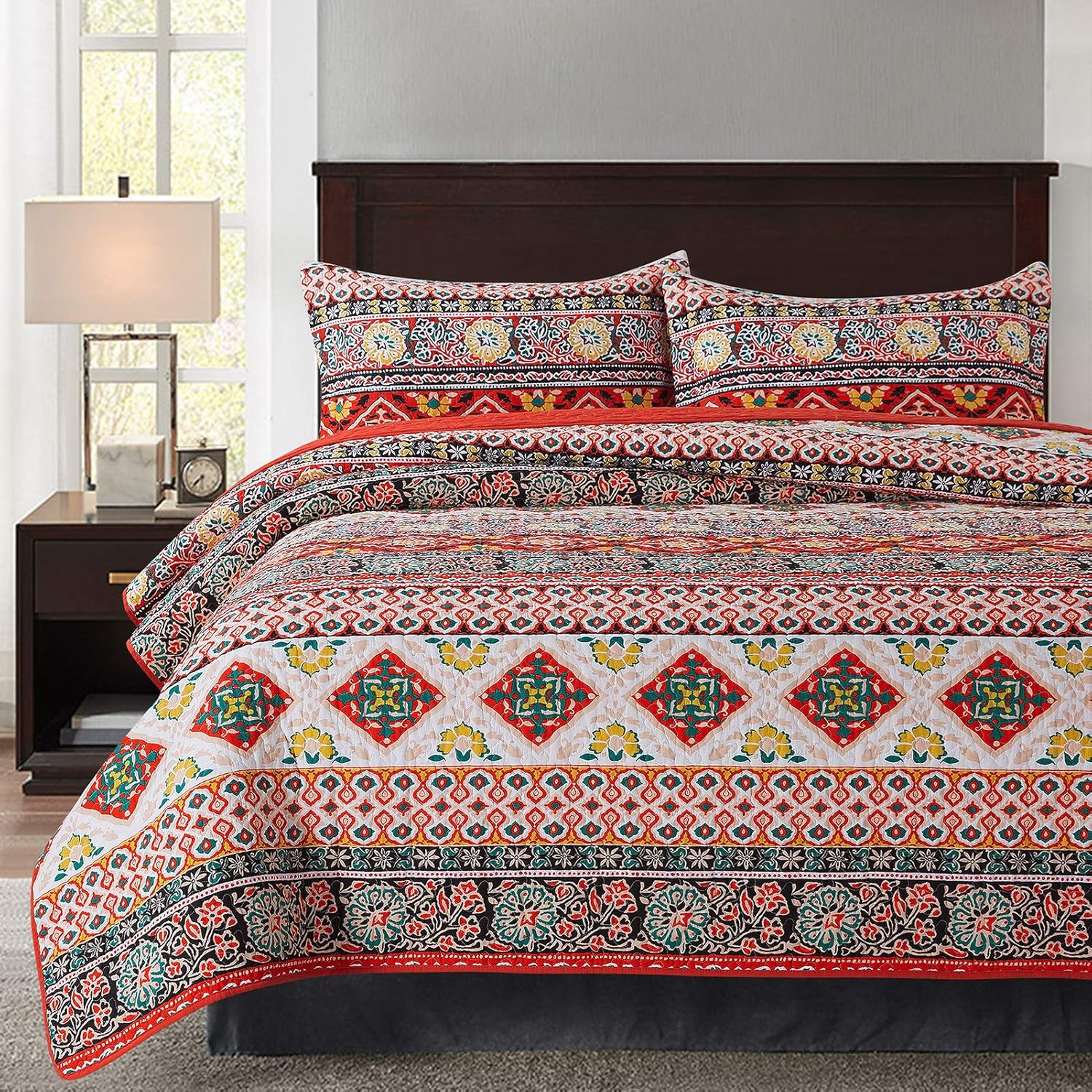 NEWLAKE – Juego de edredón de algodón, juego de cubrecama reversible con diseño de mosaico, patrón bohemio europeo a rayas, tamaño queen
