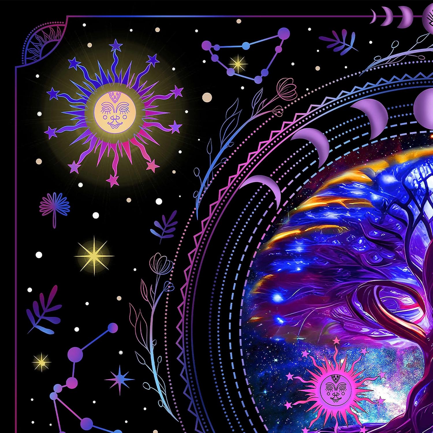 MAMHSABC Tapiz de árbol de la vida, tapiz hippy de sol y luna, tapiz de flores y vides, tapiz hippie para colgar en la pared, dormitorio, decoración