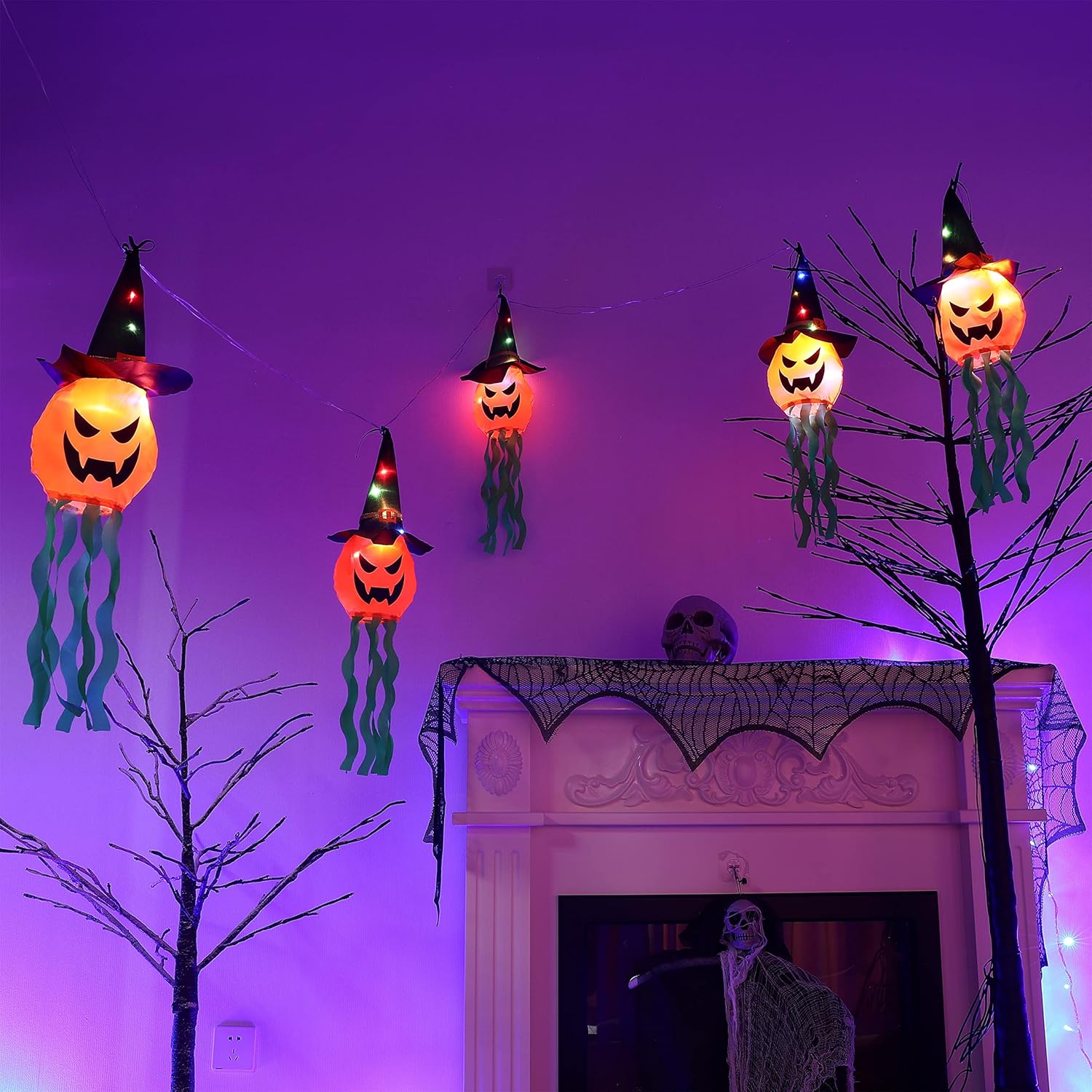 Guirnalda de luces de Halloween para colgar al aire libre, 12 pies, 30 luces LED, 5 piezas de sombrero de bruja aterrador, calabaza, funciona con