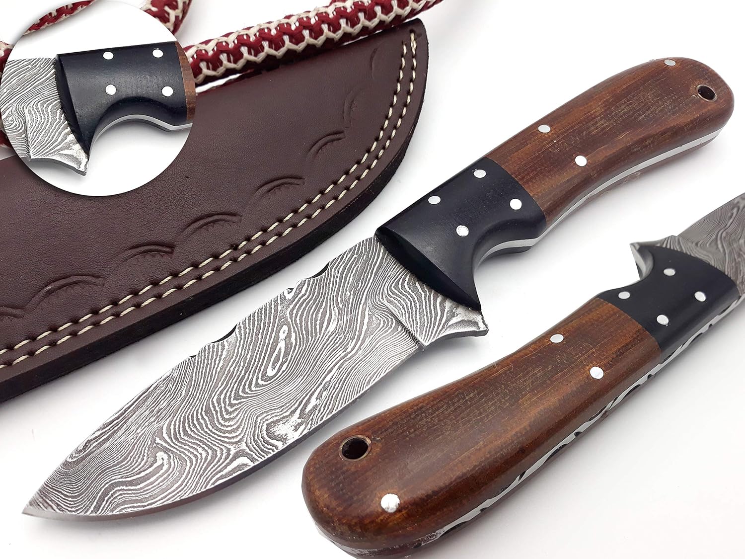 Nooraki SK-62 Cuchillo de caza de Damasco hecho a mano de 8.5 pulgadas, hoja de espiga completa con karité de cuero, ideal para campamento,
