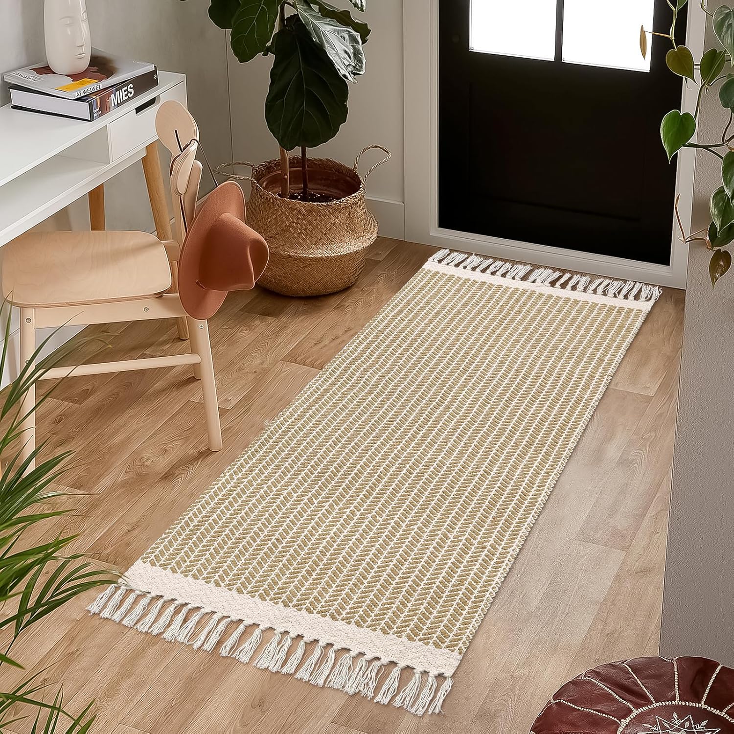 Lanffia Alfombra de pasillo de cocina estilo bohemio de 2 x 4.3 pulgadas, lavable de algodón con borlas, alfombra pequeña para entrada, fregadero,