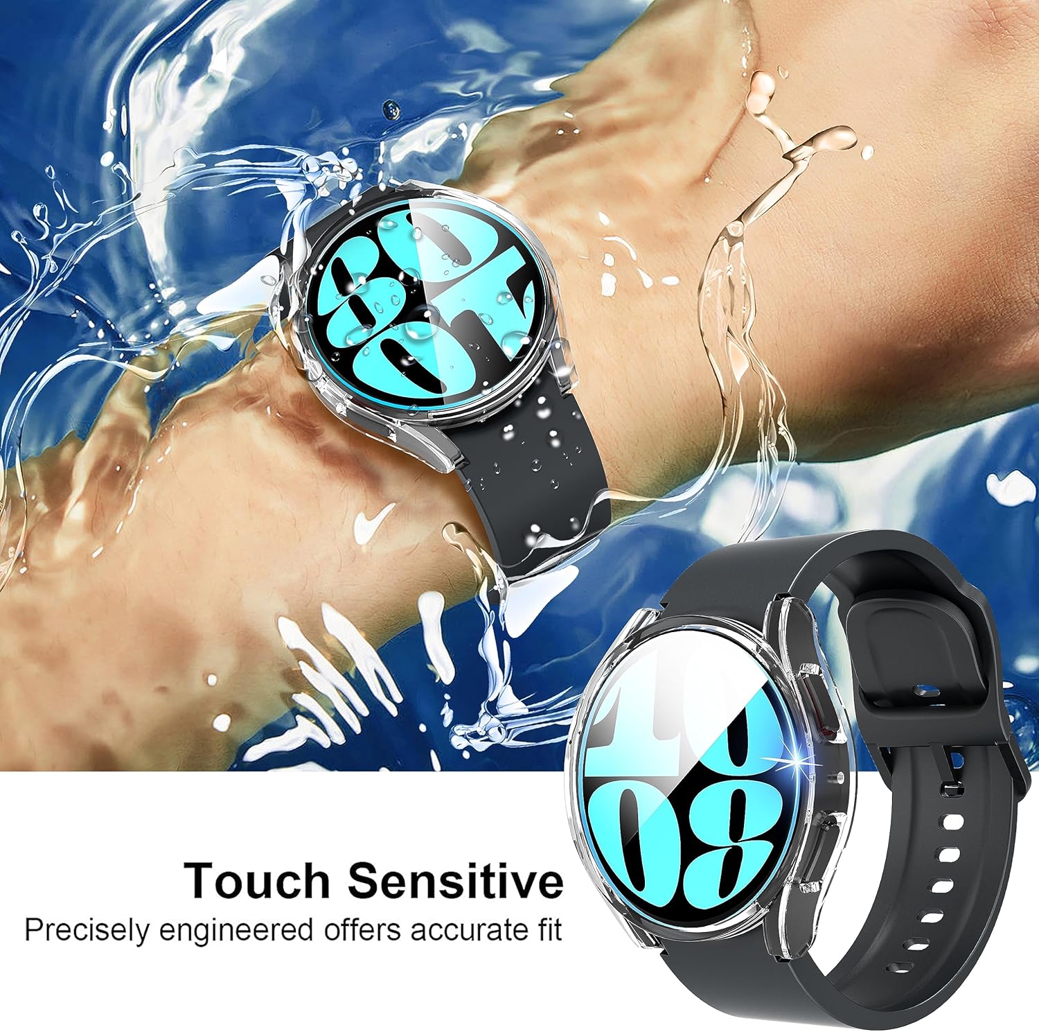 Suoman Paquete de 4 + 4 fundas para Samsung Galaxy Watch 6 de 1.732 pulgadas, protector de pantalla de privacidad + protector de pantalla HD +