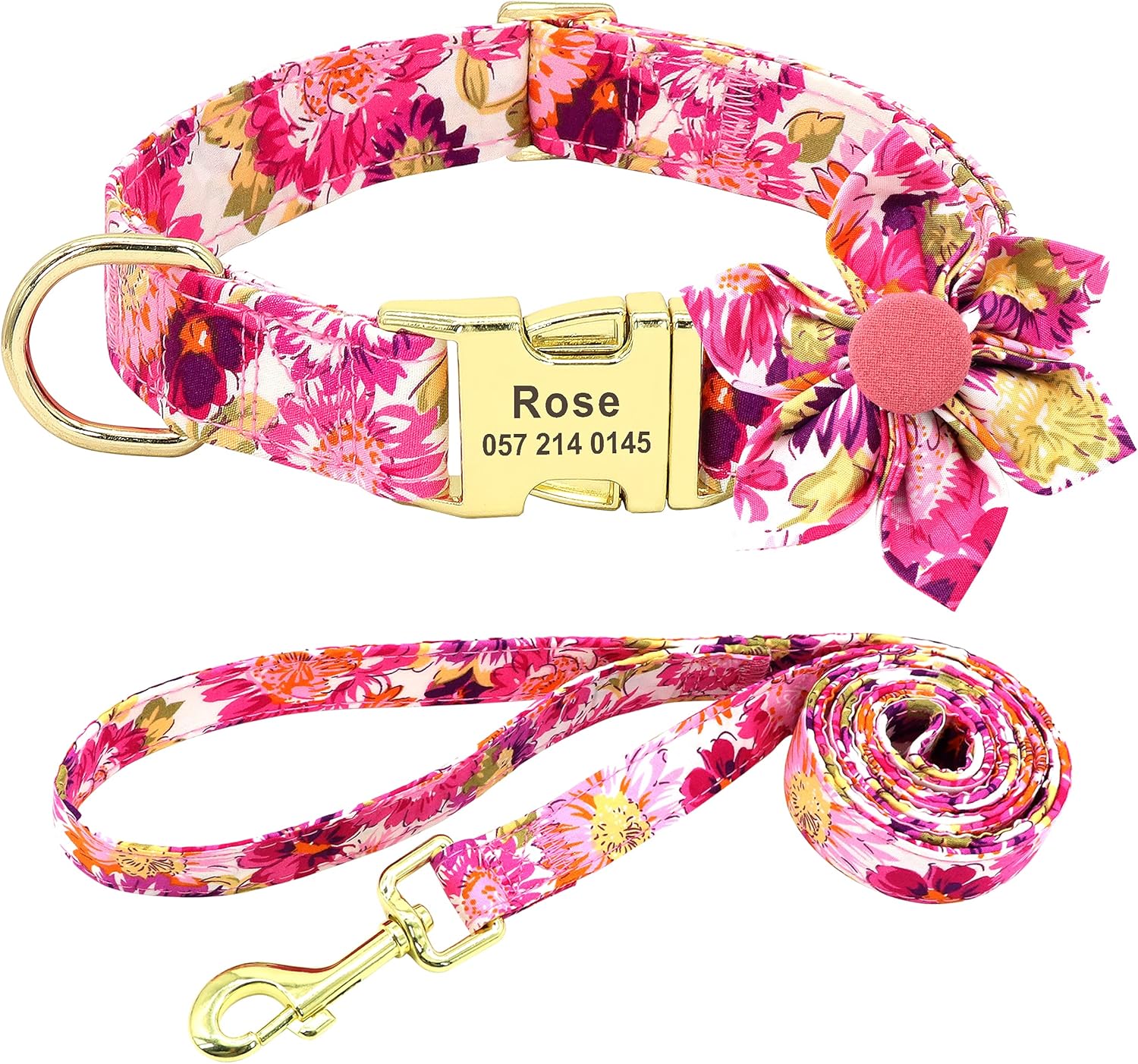 Beirui Juego de collar y correa de perro personalizado para niñas y perros, collar de perro personalizado con flor para perros pequeños, medianos y