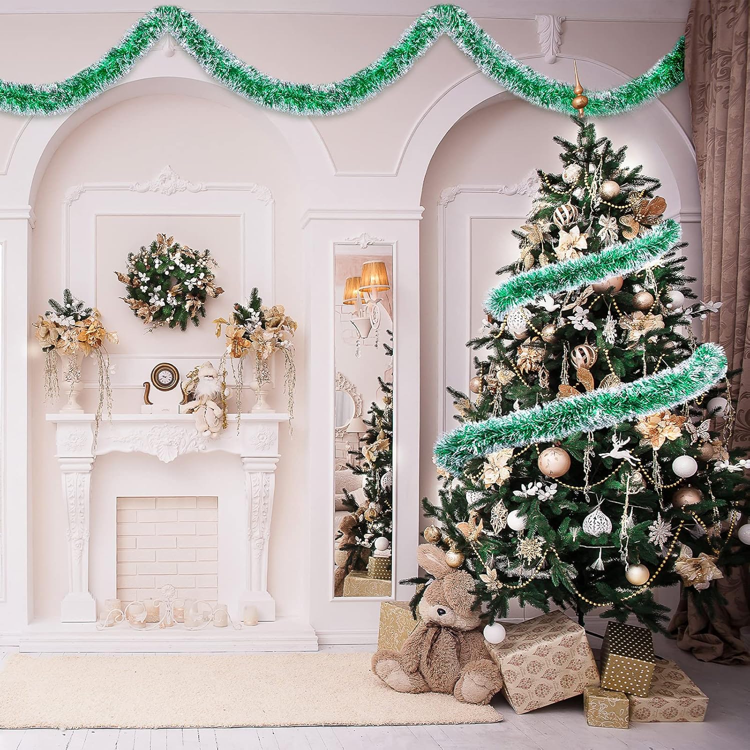 Waydress Guirnalda de oropel de Navidad, guirnalda metálica brillante para árbol de Navidad, decoración de oropel colgante de Navidad, corona de