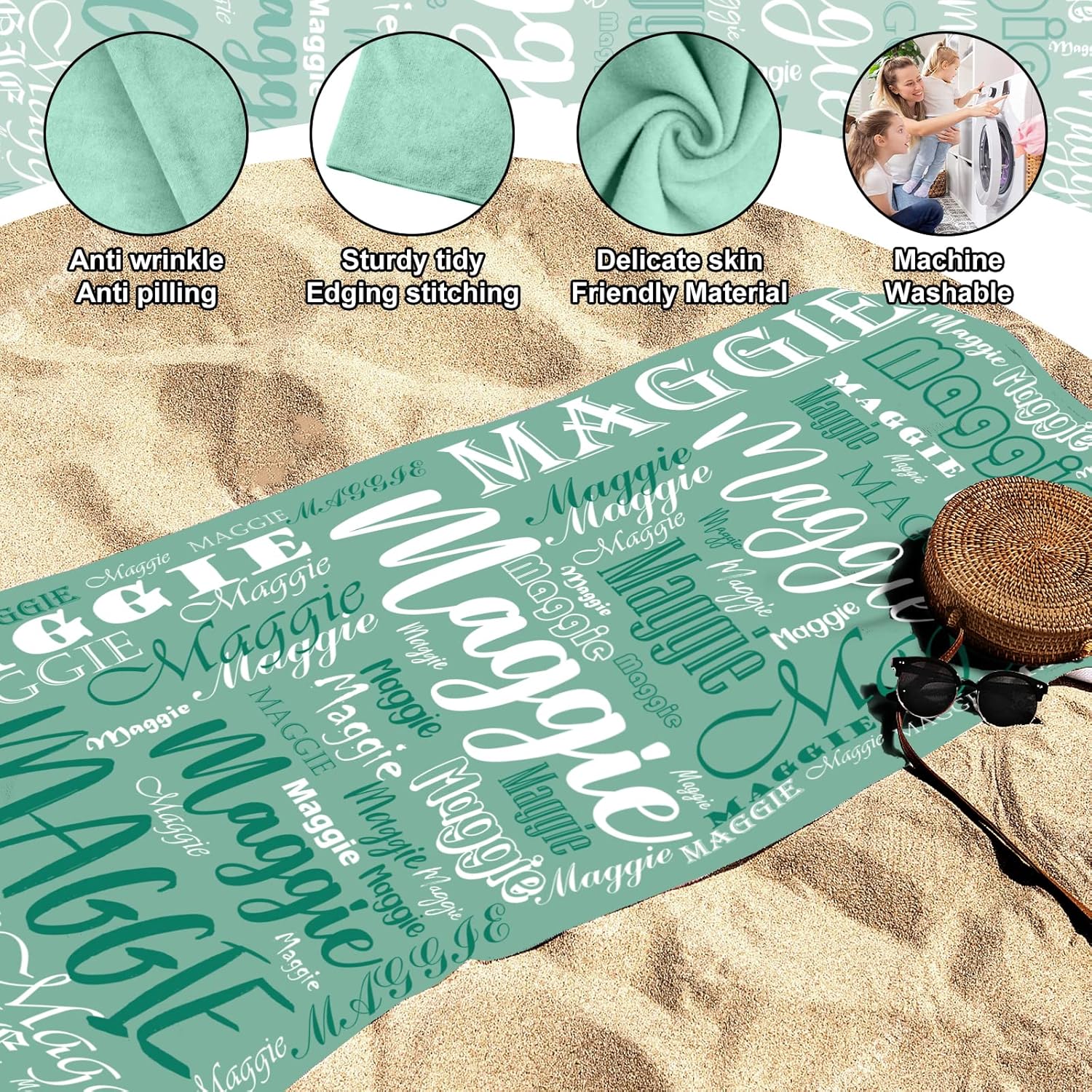 NIBESSER Toallas de playa personalizadas con nombres para niños y adultos, microfibra de secado rápido, toalla de playa personalizada de viaje sin