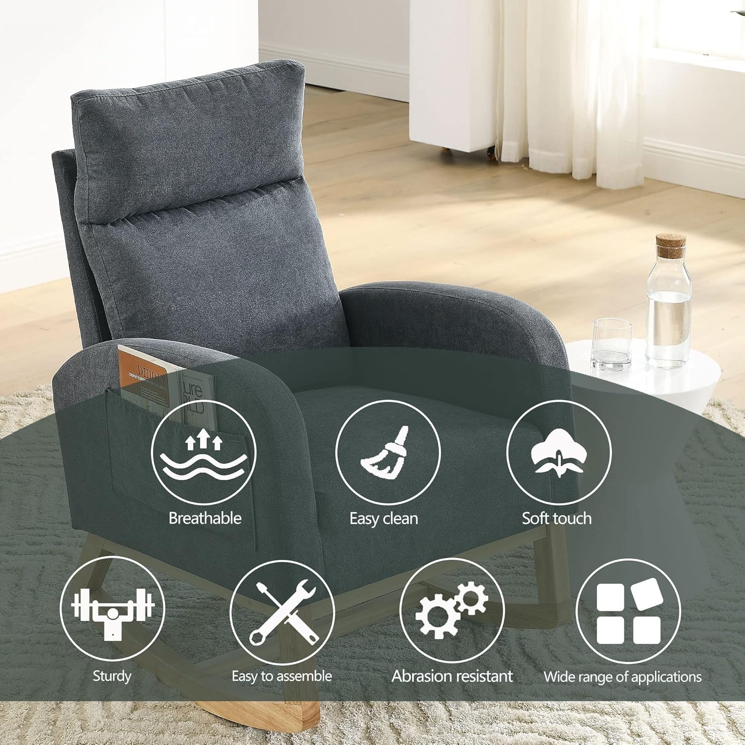 Mecedora de tela, silla de guardería, moderna silla mecedora tapizada con respaldo alto, cómoda mecedora con asiento acolchado y base de madera,