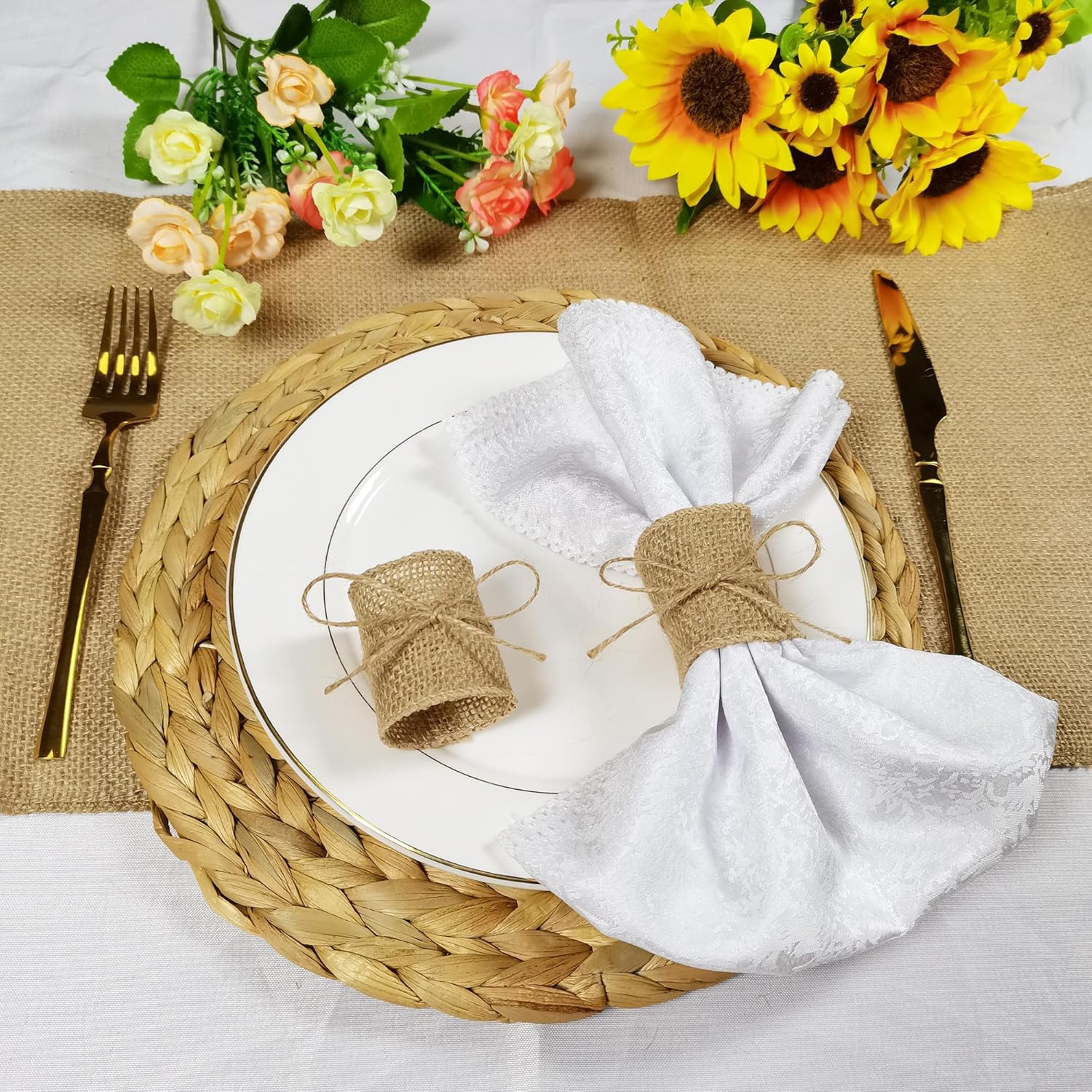 Juego de 100 servilleteros de arpillera natural con cuerda de yute, servilletas desechables a granel, anillo rústico para mesas, decoraciones,