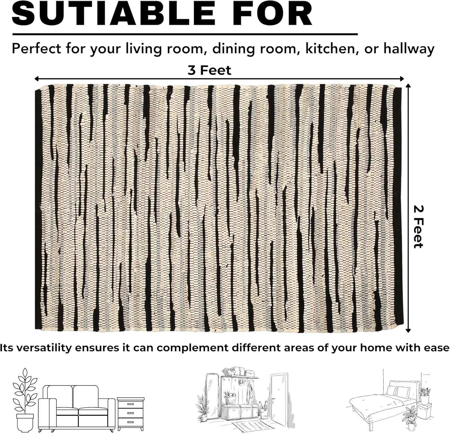Bedding Craft Alfombra tejida a mano de Chindi tonal 24×36 pulgadas, rectangular, reversible, alfombra de algodón trenzada de granja, color gris