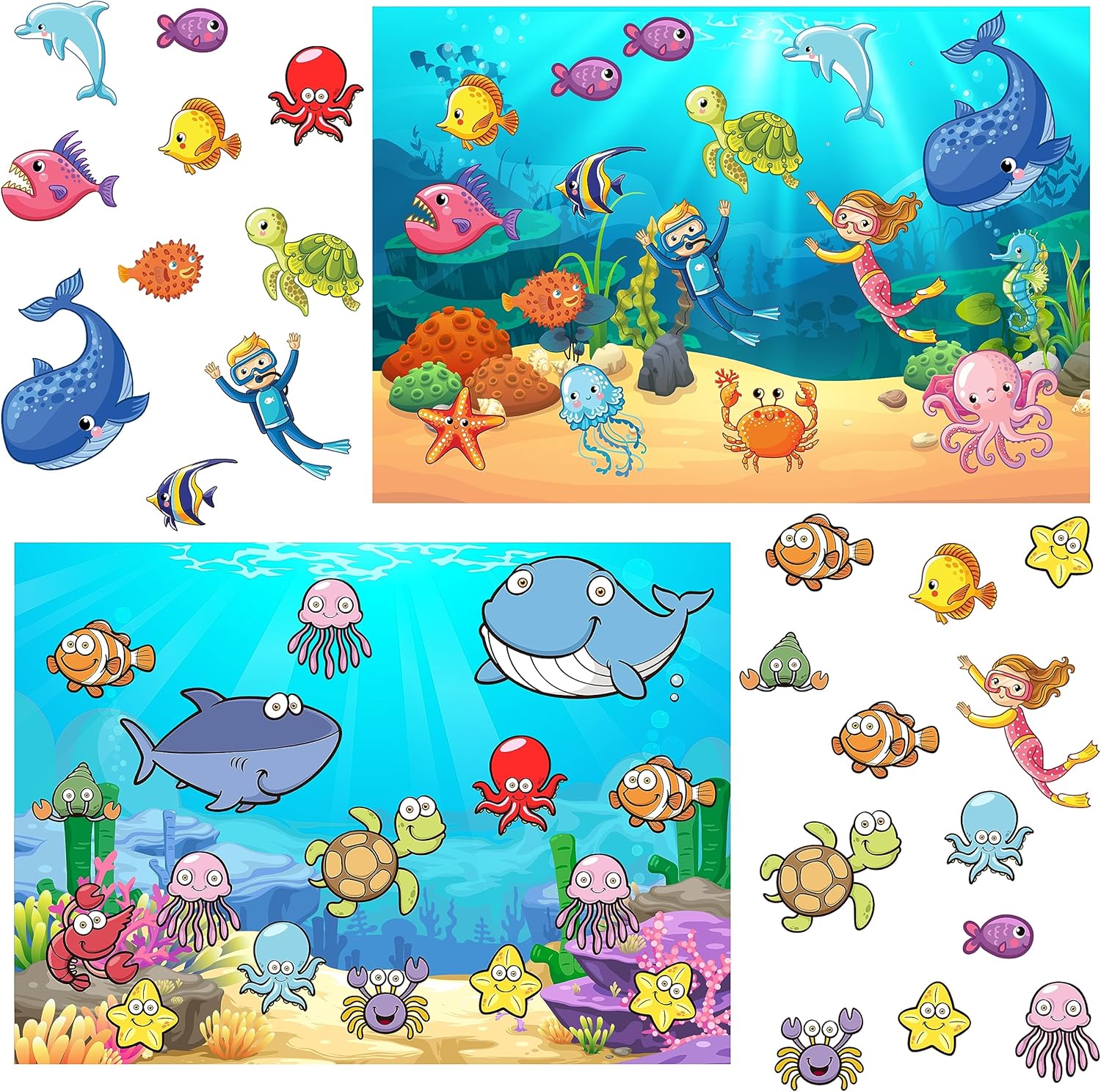 24 hojas de calcomanías de animales marinos y océanos para niños, lindas calcomanías de peces de vida marina, calcomanías de tiburón tropical,