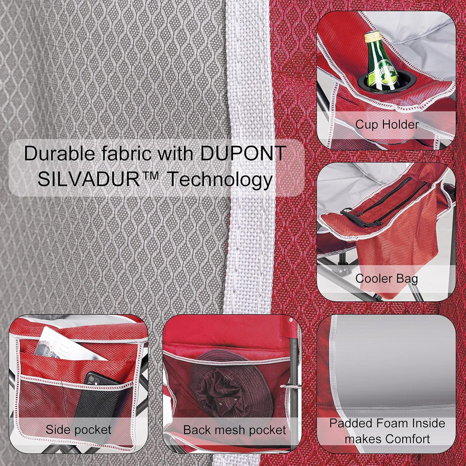 Sillas de campamento acolchadas para adultos, sillas plegables de gran tamaño para exteriores, color rojo, capacidad de peso de 475 libras, con