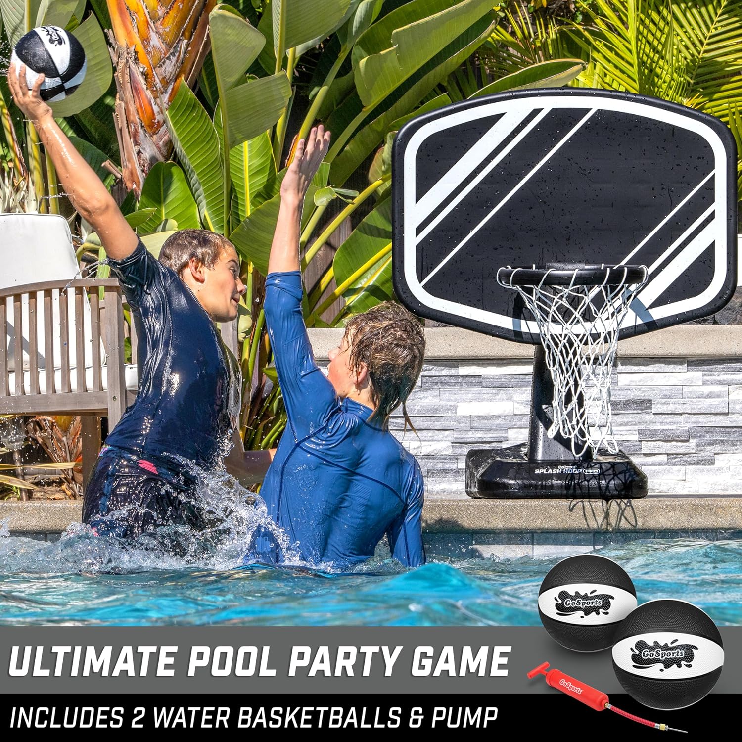 GoSports Splash Hoop – Juego de baloncesto para piscina, incluye aro de baloncesto de agua junto a la piscina, 2 bolas y bomba de inflador, elige tu