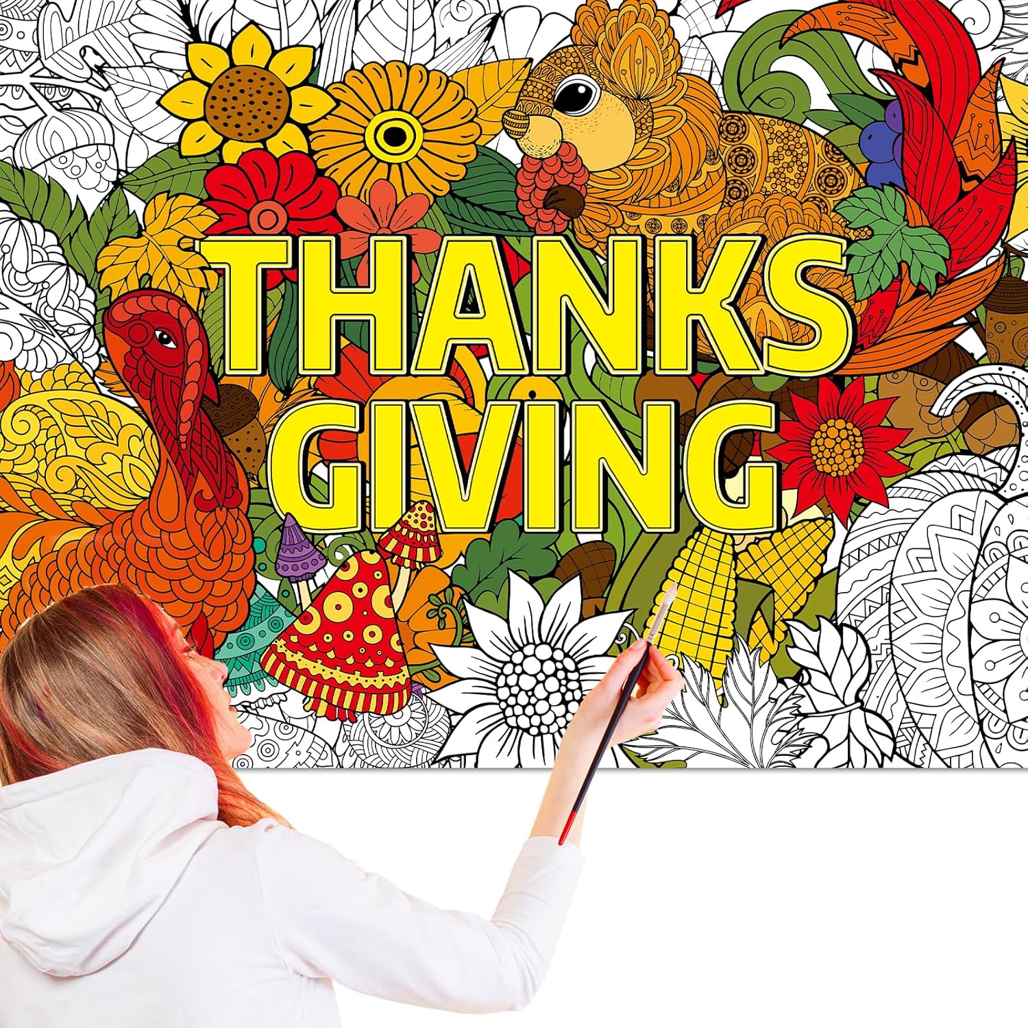 ZOIIWA Pósteres gigantes para colorear de mandala para niños y adultos, mantel de dibujo de Acción de Gracias, mandala, cosecha de otoño, calabazas,