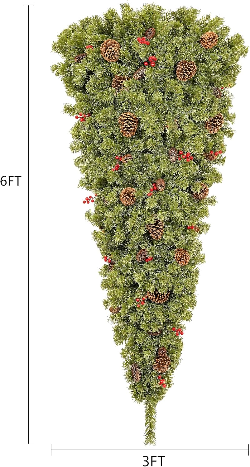 Árbol de Navidad, árbol de Navidad colgante boca abajo de 6 pies, árbol de Navidad colgante del techo, árbol de Navidad con 300 luces LED blancas