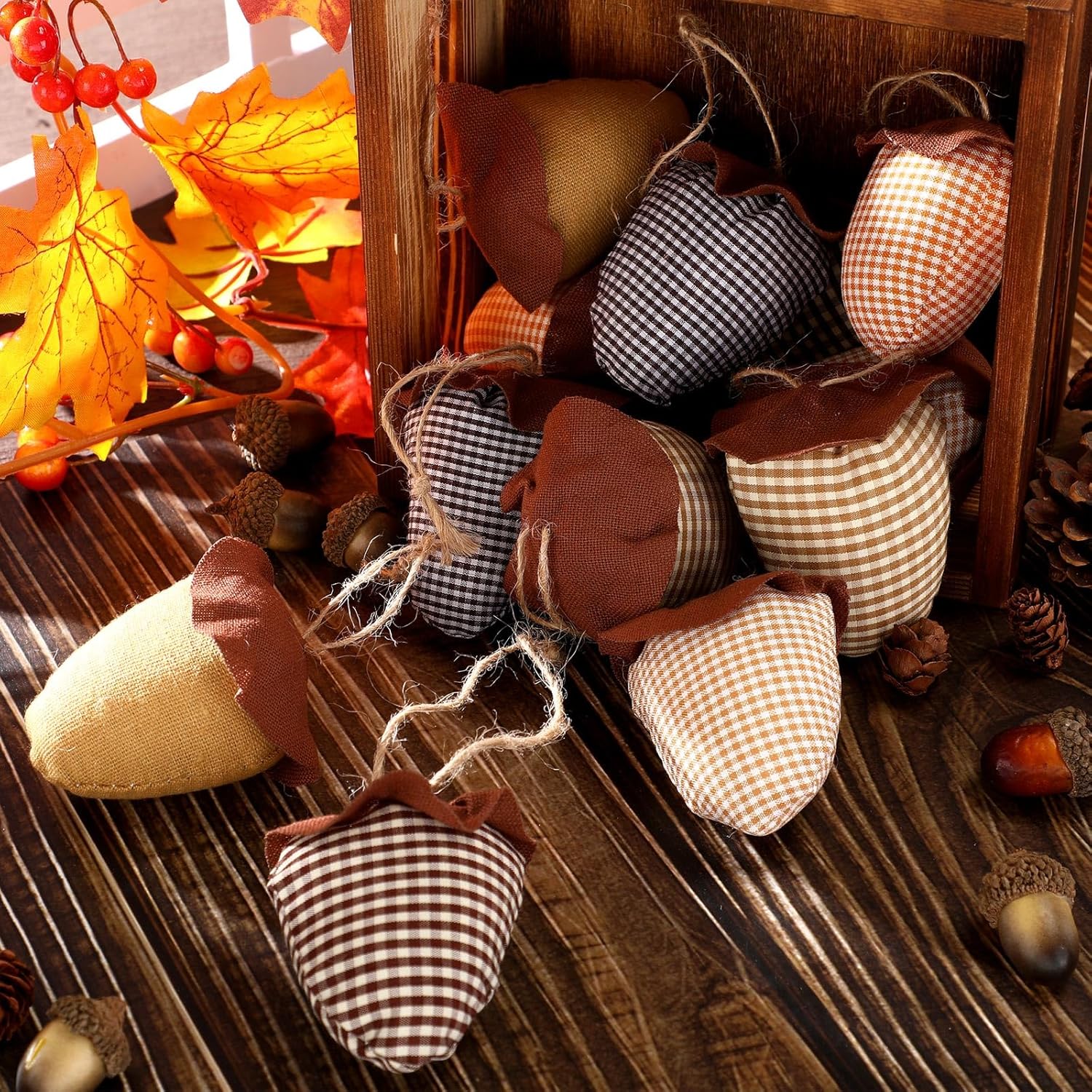 12 piezas de decoración de otoño de Acción de Gracias, tela a cuadros, bellotas y calabazas, adornos colgantes de bandeja de otoño, decoración de