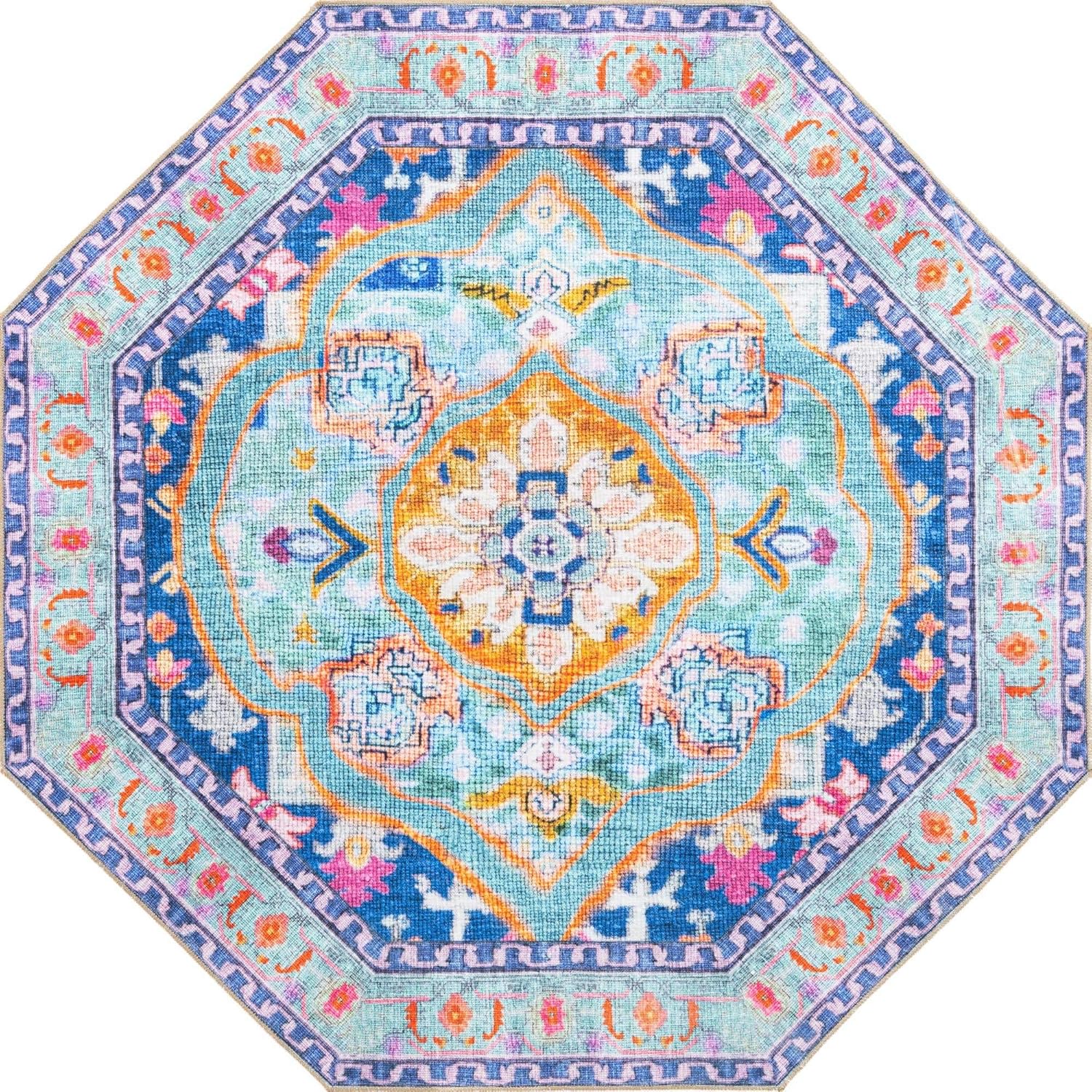 Unique Loom Revival Collection – Alfombra octogonal tradicional con borde de medallón azulverde azulado (7 pies 6 pulgadas x 7 pies 6 pulgadas)