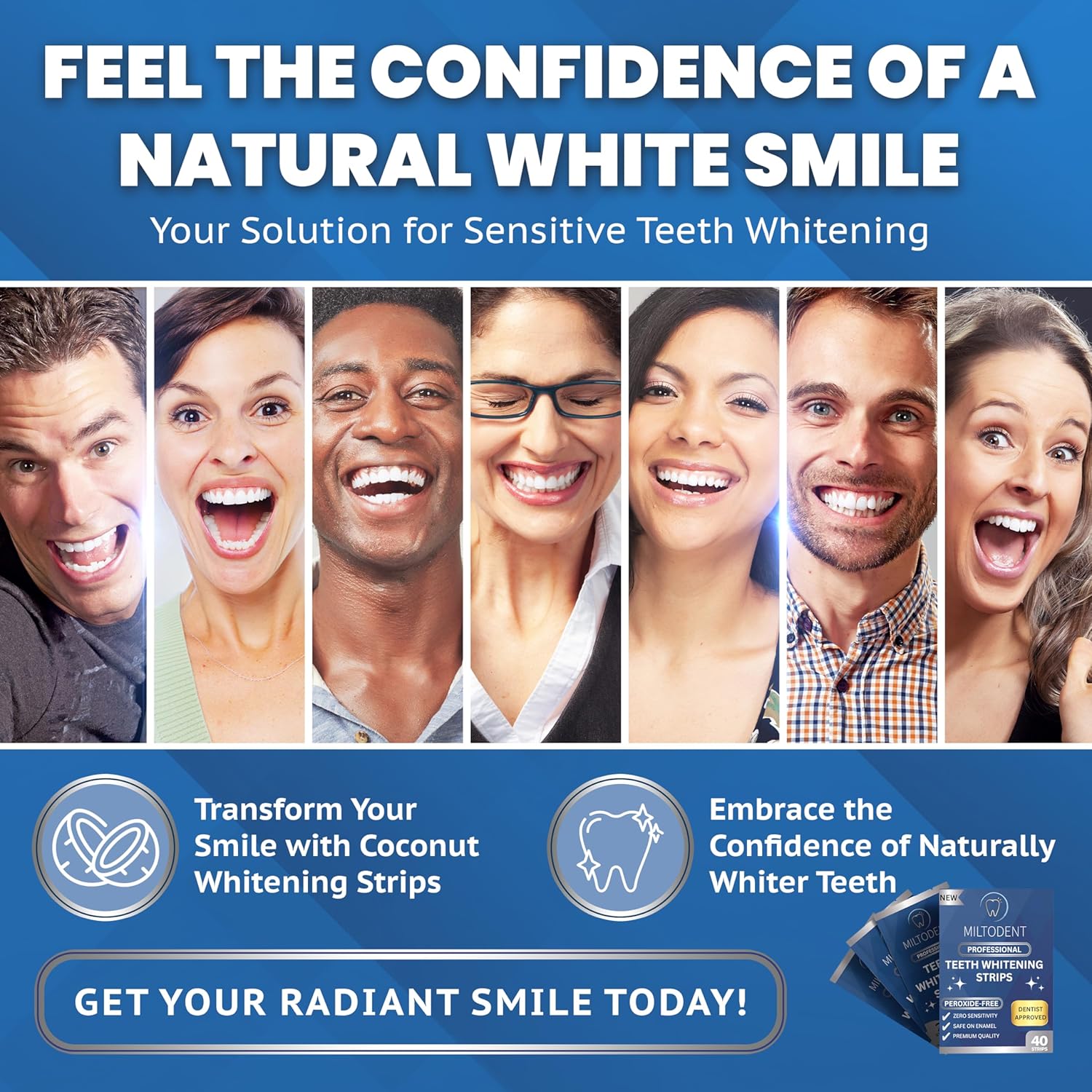 MILTODENT Tiras blanqueadoras de dientes profesionales  Blanqueamiento sin sensibilidad  40 tiras blanqueadoras de dientes sin peróxido  Formulado