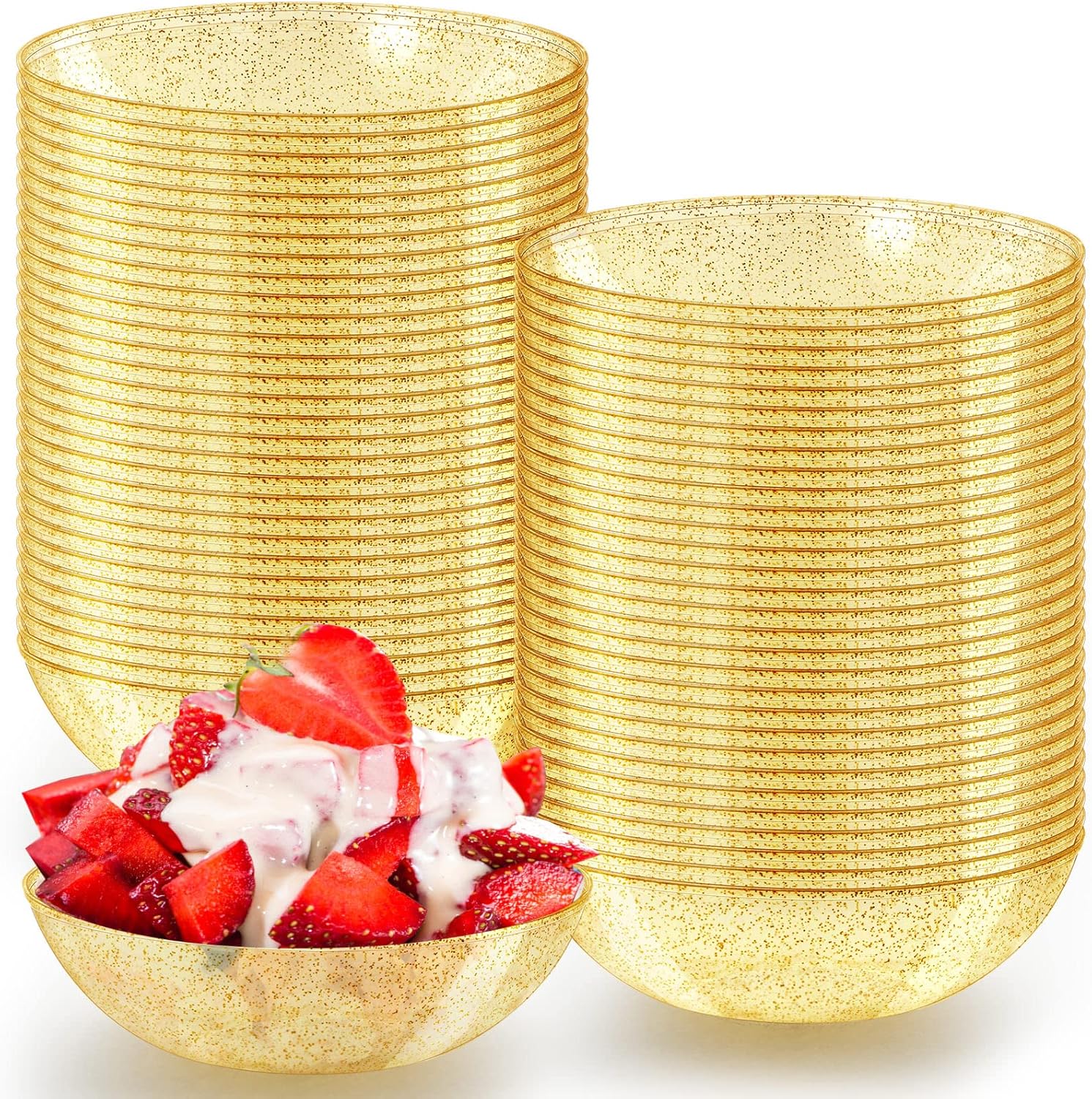 Gerrii 100 cuencos dorados de 14 onzas desechables de plástico con purpurina plateada para sopa, cuencos de plástico desechables con chips, cuencos