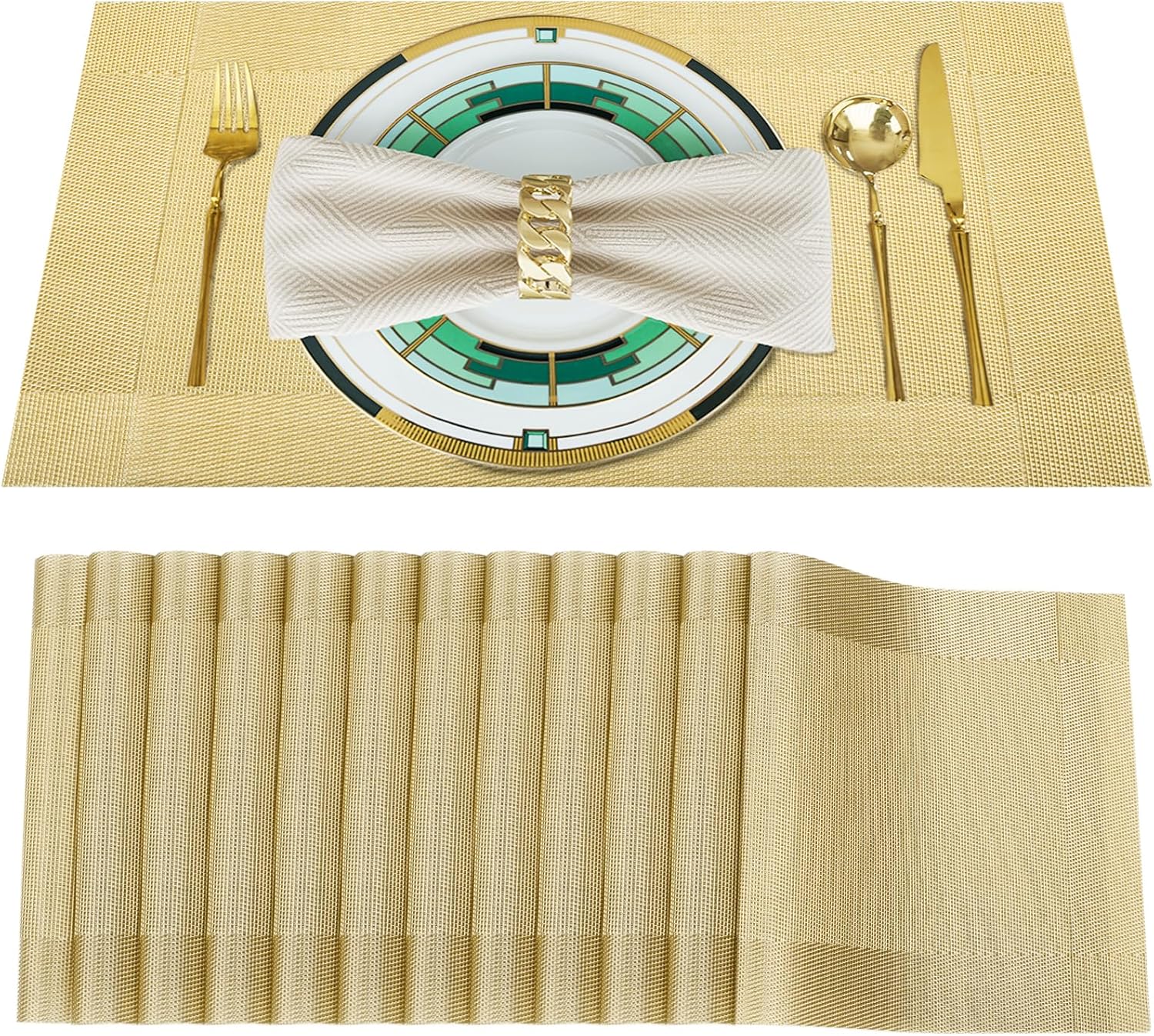 Juego de 12 manteles individuales de PVC lavables y lavables para mesa de cocina, resistentes al calor, antideslizantes, de vinilo tejido, para