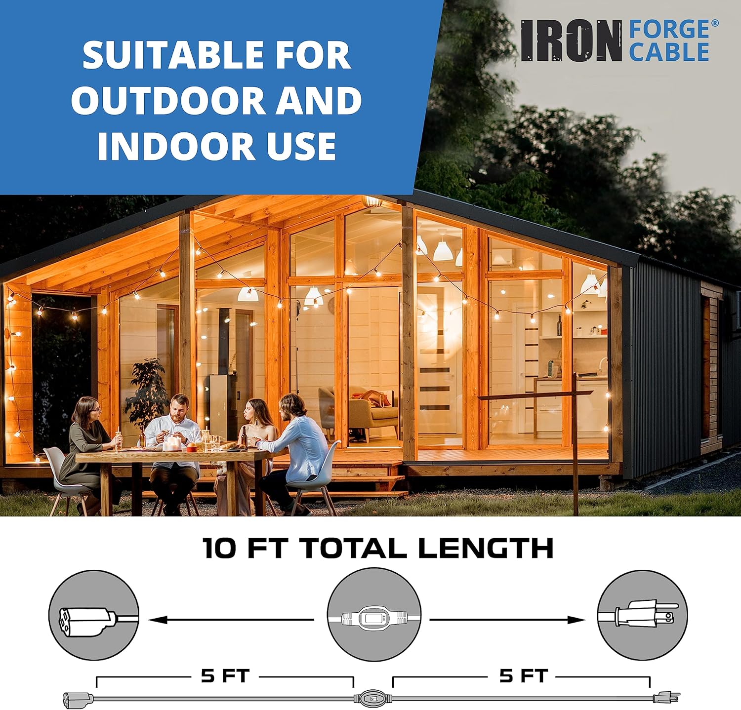 Iron Forge Cable Cable de extensión blanco de 3 pies para exteriores con interruptor en línea impermeable de encendidoapagado, 3 pies 163 SJTW 3