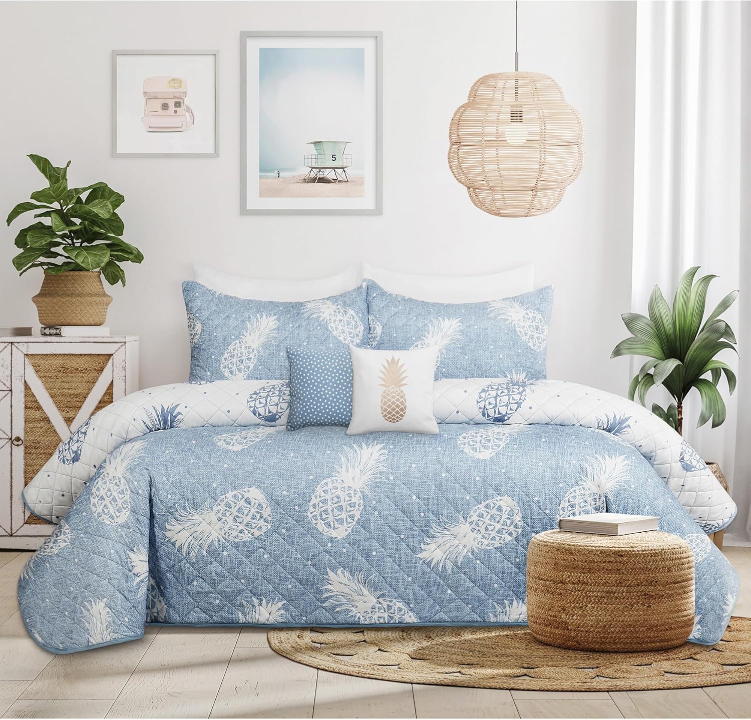Colchas para cama doble y queen, con piñas azules, colcha suave de verano, colcha de microfibra ligera, colcha de estilo moderno para todas las