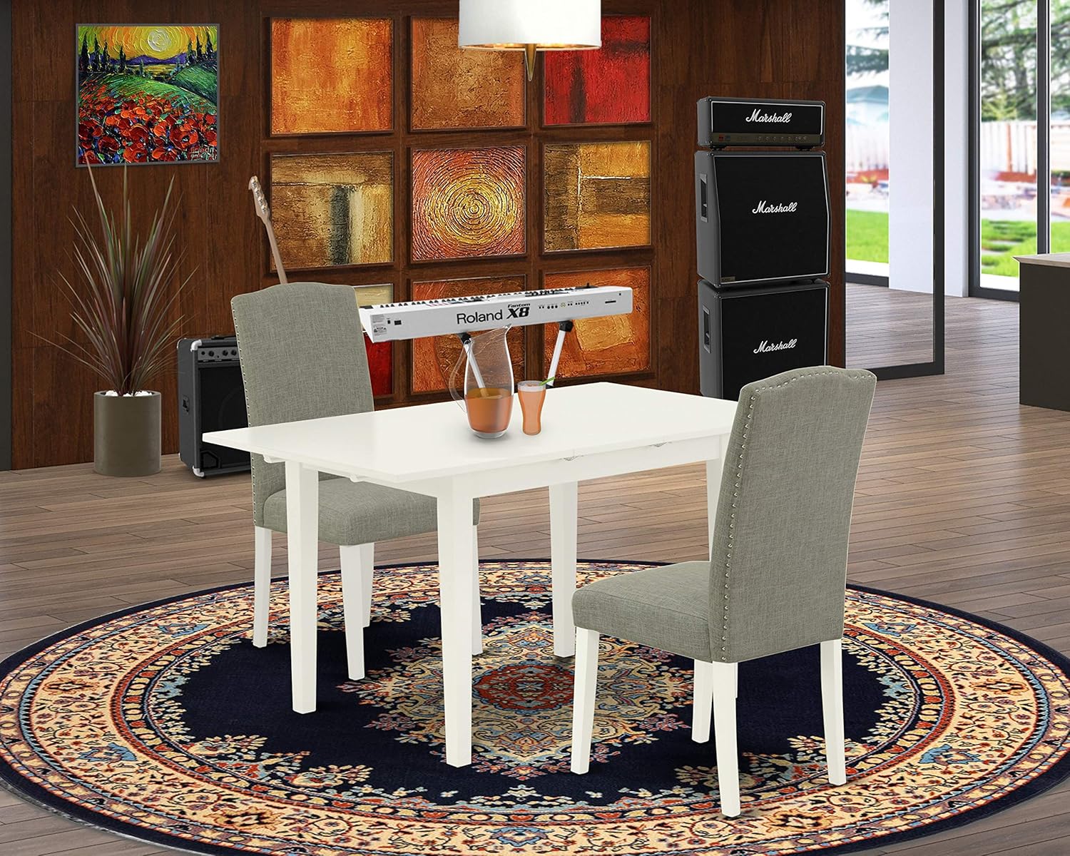 East West Furniture NOEN3-LWH-06 – El juego de 3 piezas contiene una mesa de comedor rectangular con hoja de mariposa y 2 sillas tapizadas de tela