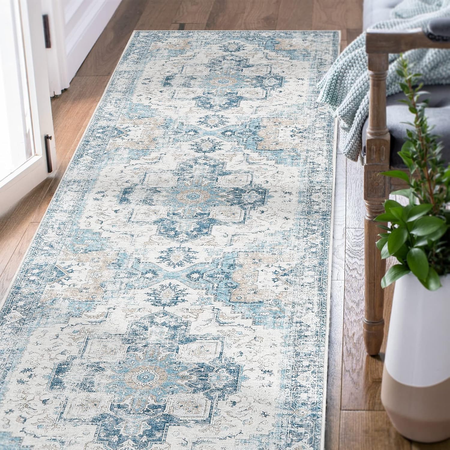 jinchan – Alfombra persa para interiores, con estampado, color azul, envejecida, delgada, de felpilla, ligera, que contrasta con la decoración,