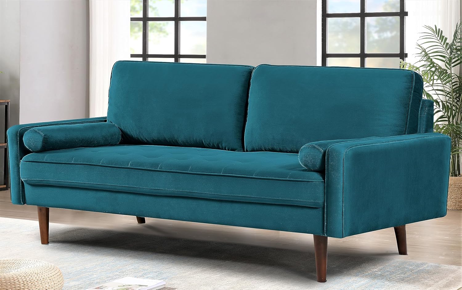 Sofá de terciopelo de 70 pulgadas para sala de estar, estilo clásico de mediados de siglo con silueta moderna, acolchado de botones y patas de