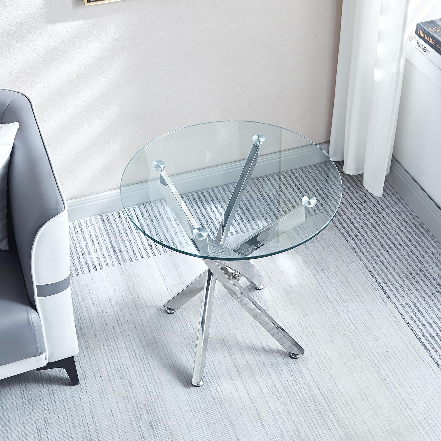 SSLine Mesa auxiliar redonda de vidrio con base plateada, pedestal de vidrio templado transparente, mesa auxiliar de lujo para sala de estar,