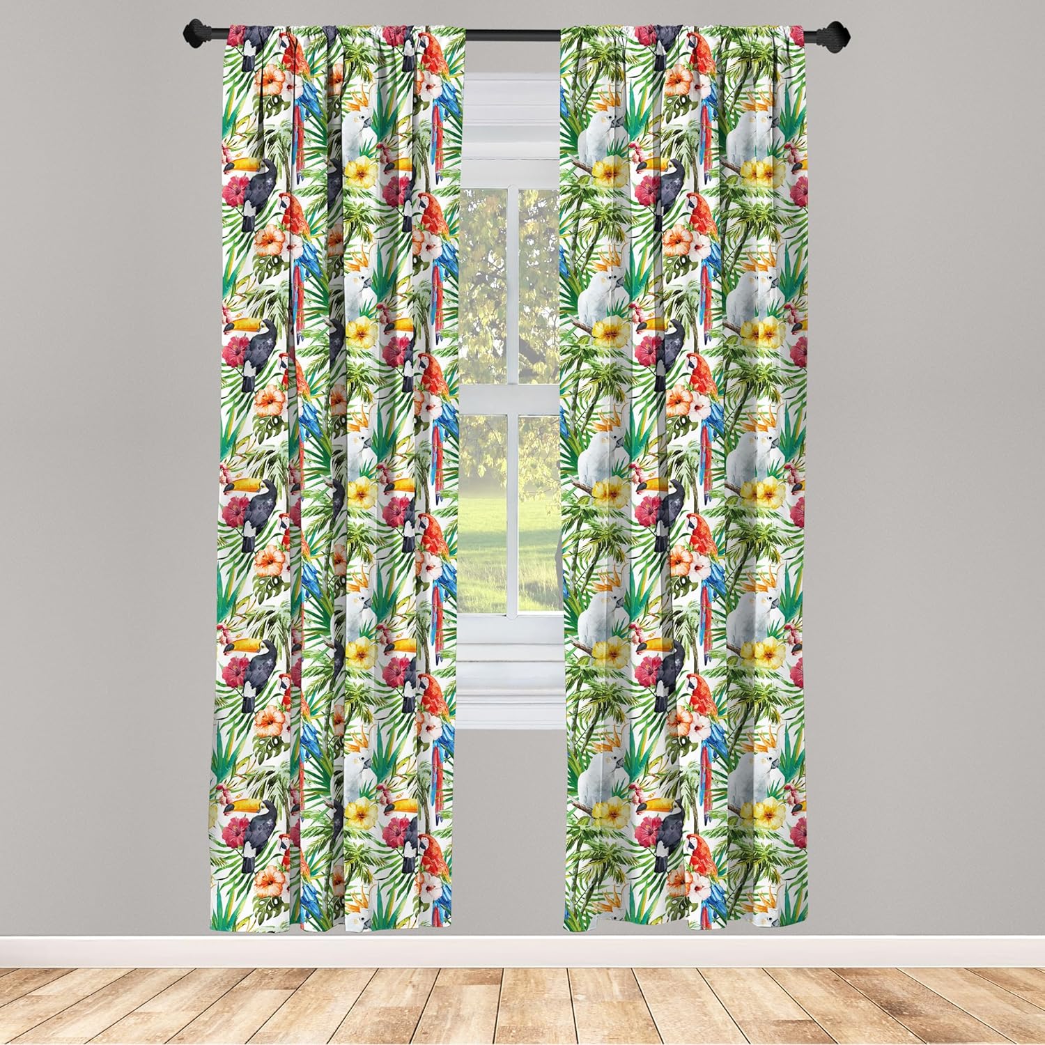 Lunarable Parrots Window Curtains, Watercolored Tropical Animals Toucans and Yellow Crested Cockatoo in The Jungle, Lightweight Decor 2-Panel Set