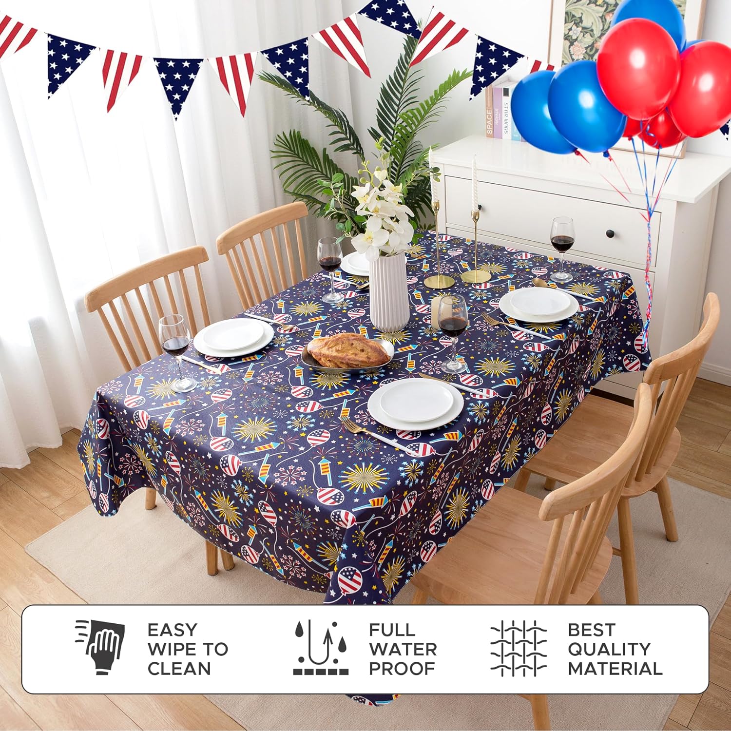 4th of July Table Cloth Vinyl Tablecloth 60×84 Inch Rectangular-Plastic Memorial Day Table Cover Printed with Fireworks and Balloons for Patriotic