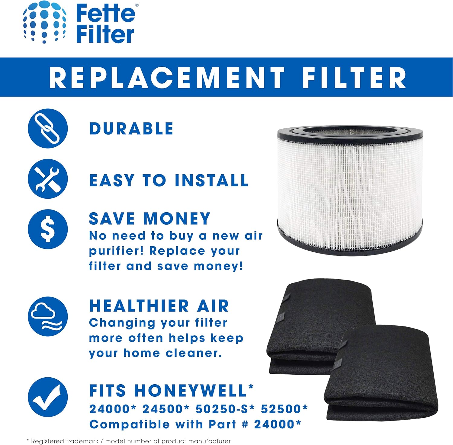 Filtro HEPA de repuesto 50250-S y 2 prefiltros de carbono de envoltura compatibles con Honeywell 24000 24500 50250-S 52500. Número de pieza 24000