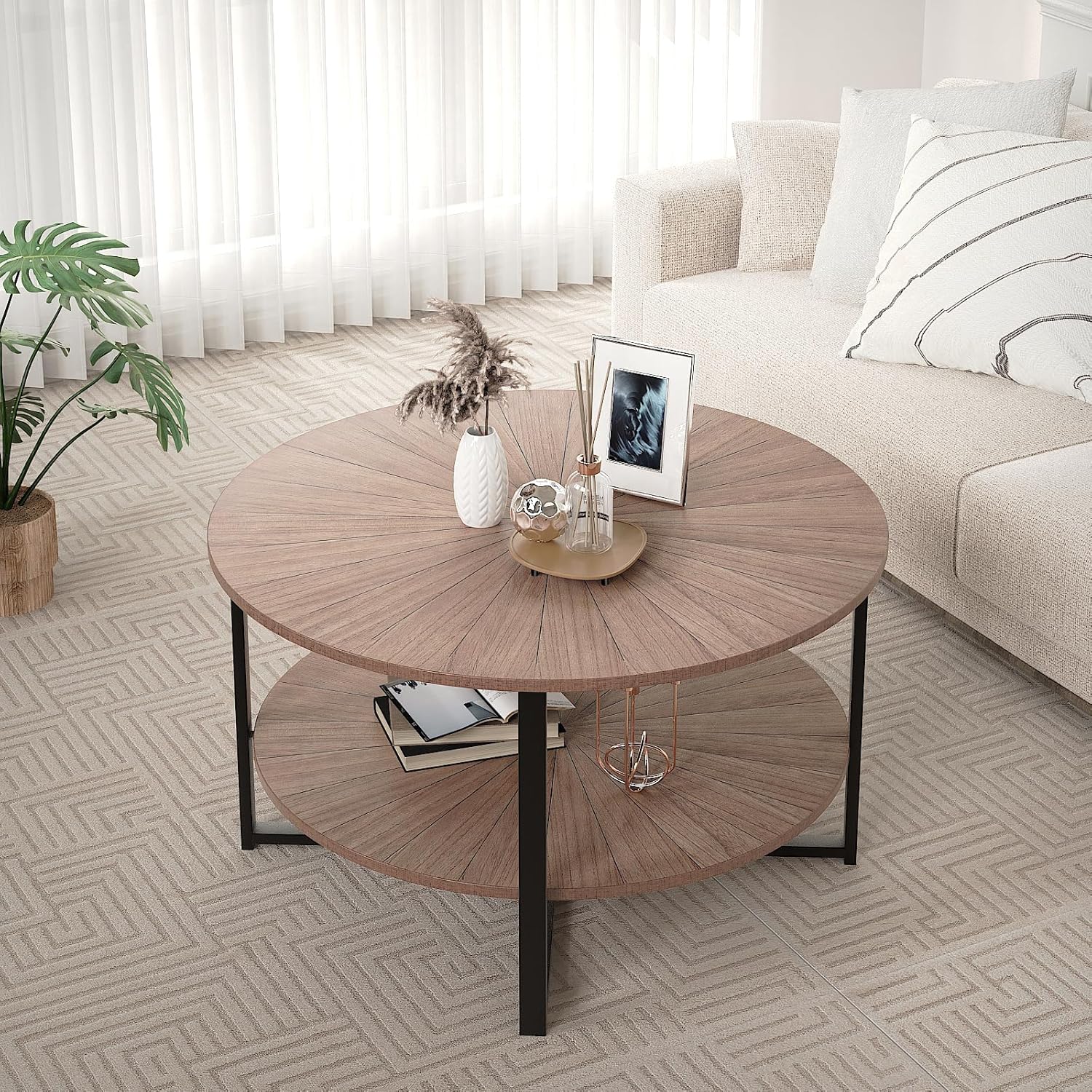 3imothrix Mesa de centro redonda de madera, mesa de centro con estante abierto de almacenamiento, 31.49 pulgadas, 2 niveles de chapa de madera