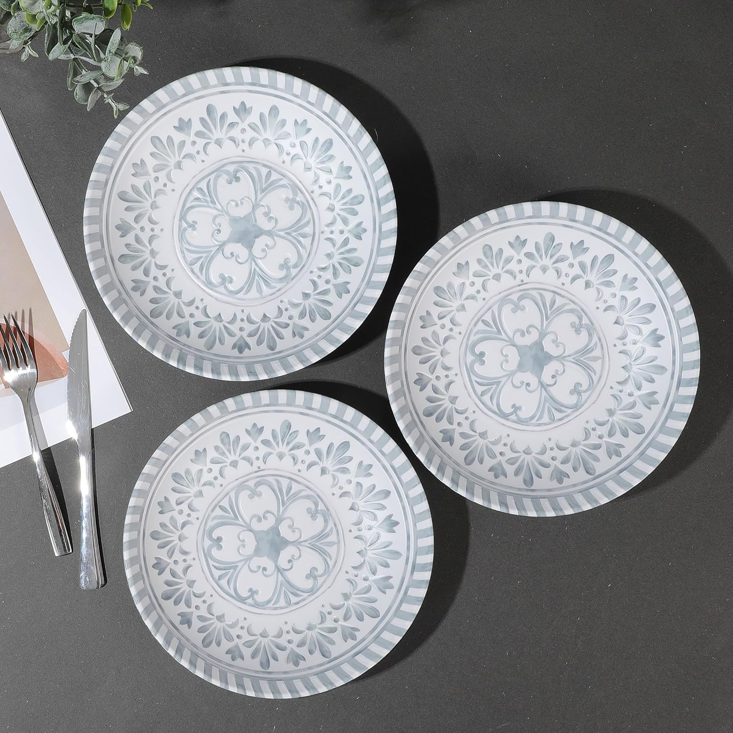Yinshine Juego de platos llanos de melamina, juego de platos profundos de 9.25 pulgadas, 6 platos de ensalada, juego de platos en relieve para 6,