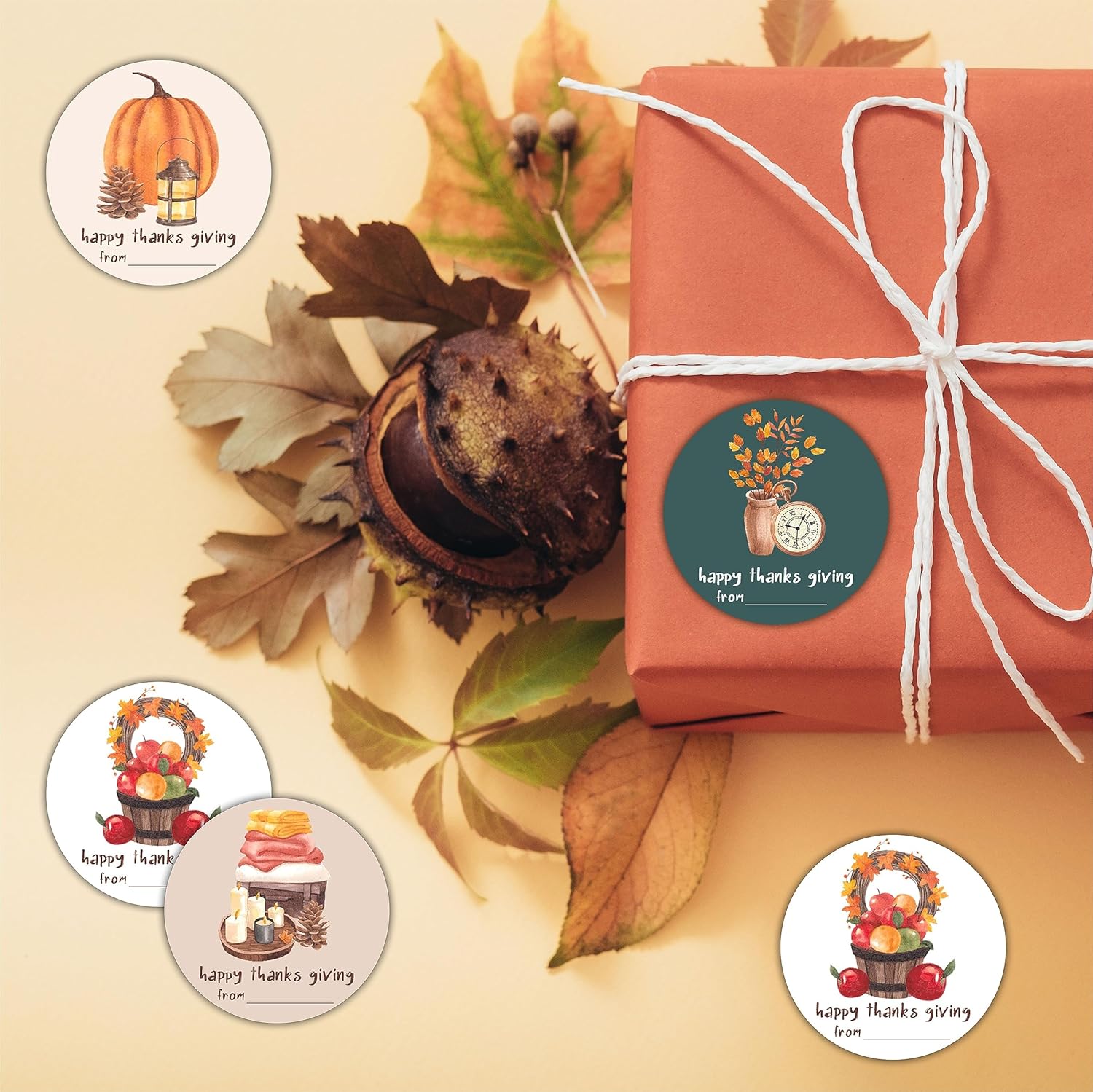 40 etiquetas redondas de Feliz Acción de Gracias, calcomanías redondas con tema de otoño de 2 pulgadas, 4 estilos de calabaza de otoño, etiqueta